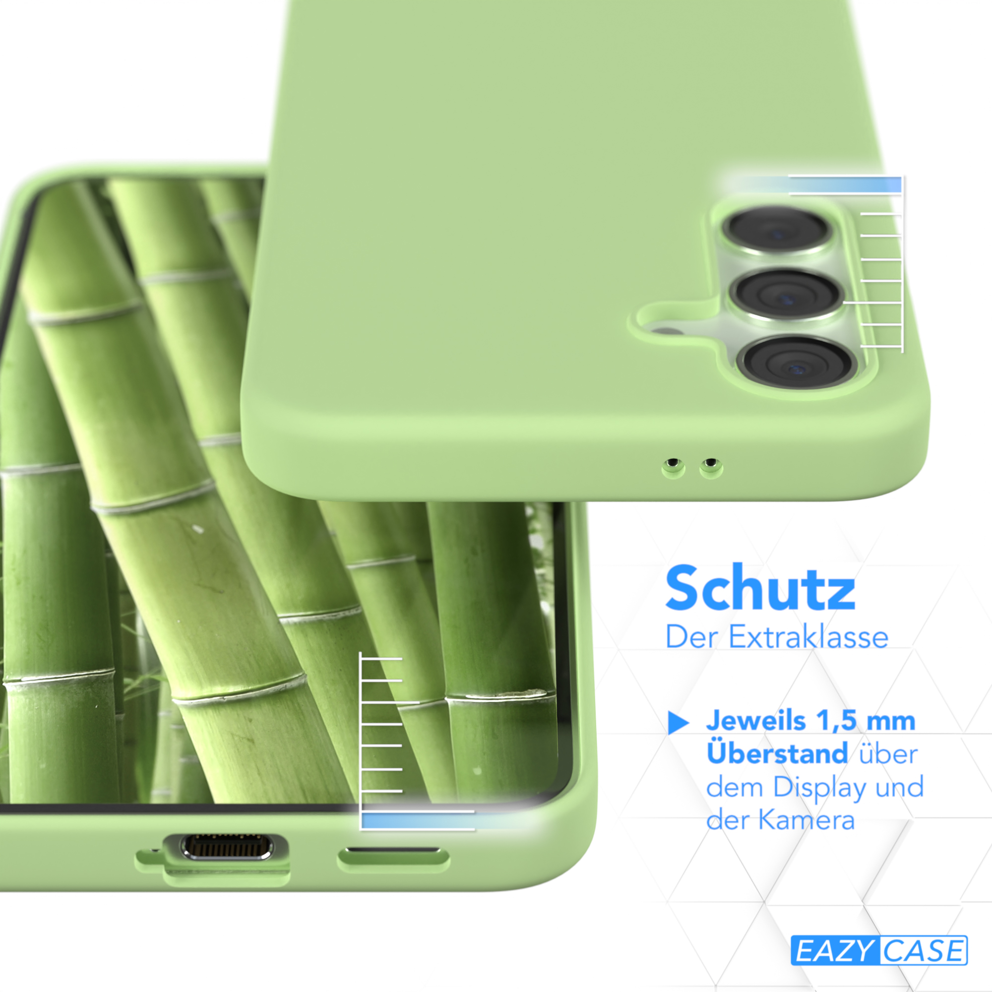 Grüne Handyhülle. Bambus-Hintergrund. Text: Schutz der Extraklasse.