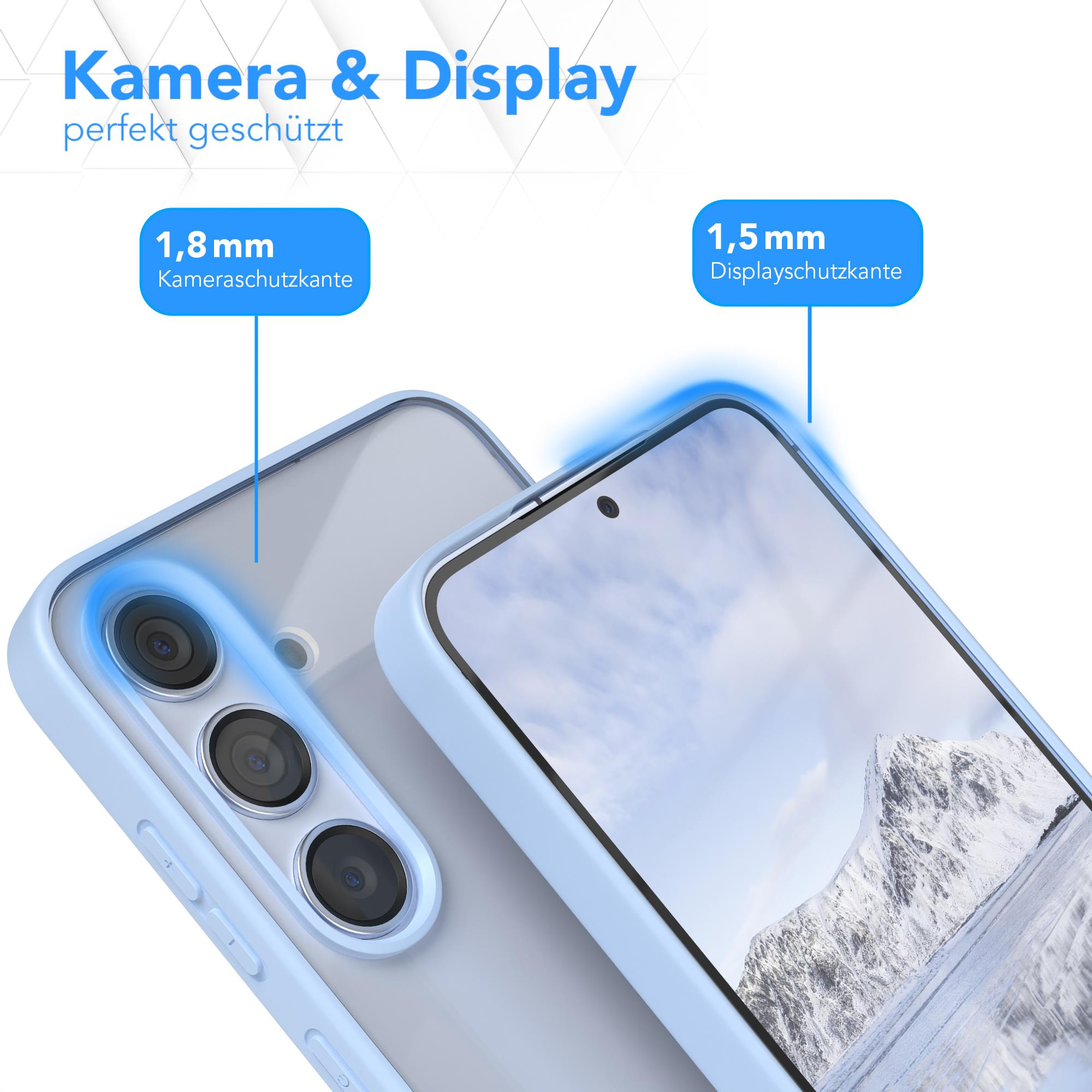 Handyhülle mit Kameraschutz. Nahaufnahme einer blau umrandeten Hülle, die die Telefonkameras schützt. Text: perfekter Schutz.