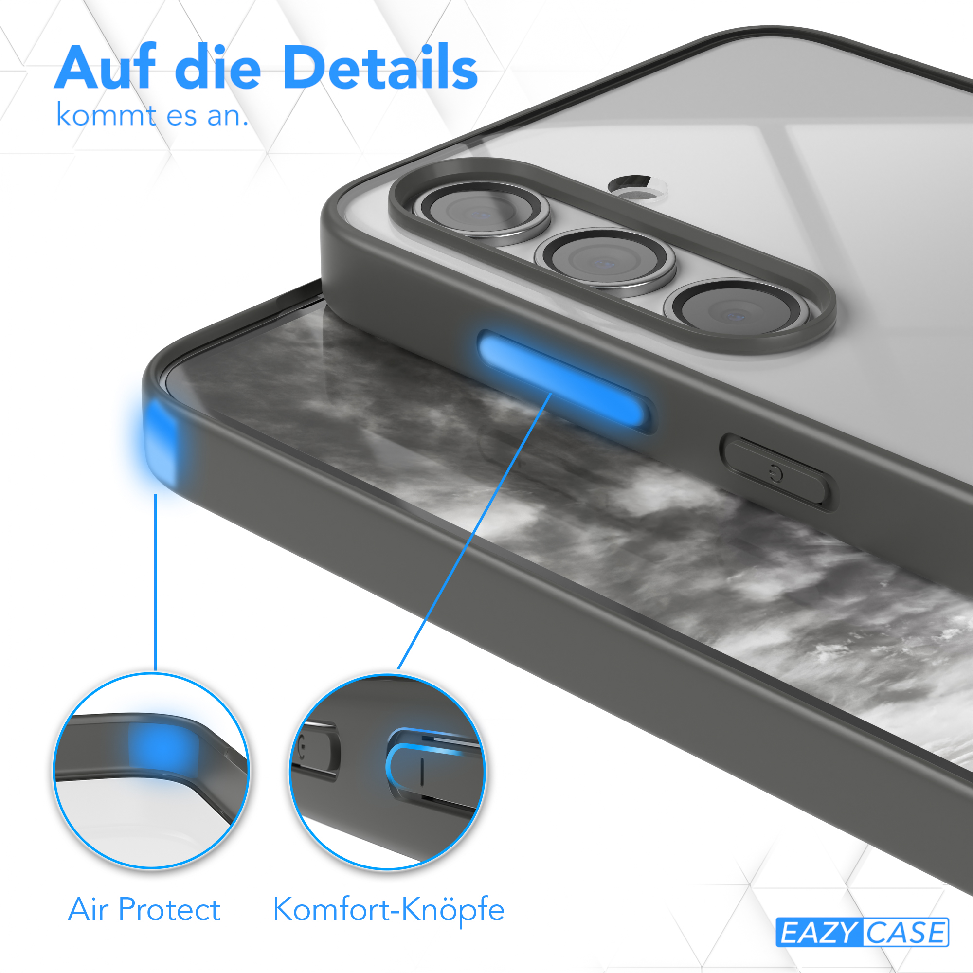 Nahaufnahme einer Handyhülle mit blauen Highlights an den Rändern und Knöpfen.