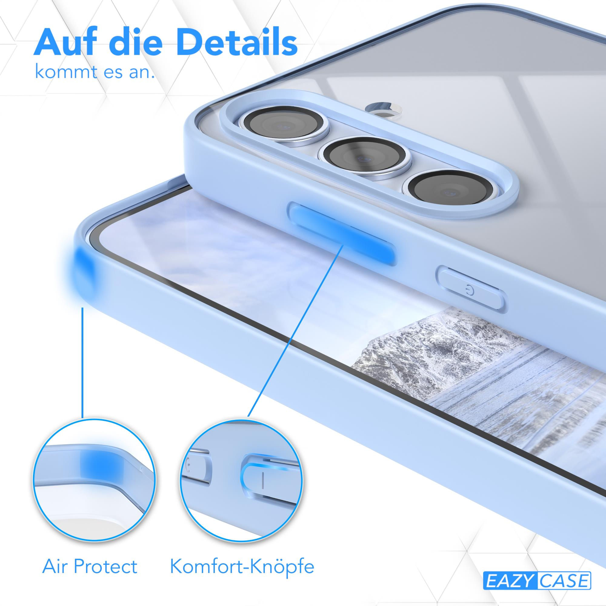 Blaue Handyhülle mit Knöpfen und Aussparungen. Text erklärt Air Protect und Knöpfe.