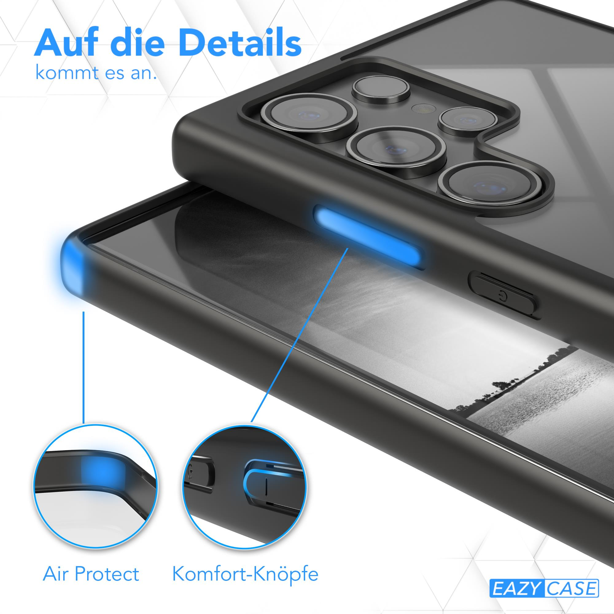 Nahaufnahme einer Handyhülle, die ihren schwarzen Rahmen mit blauen Akzenten und eine transparente Rückseite zeigt.