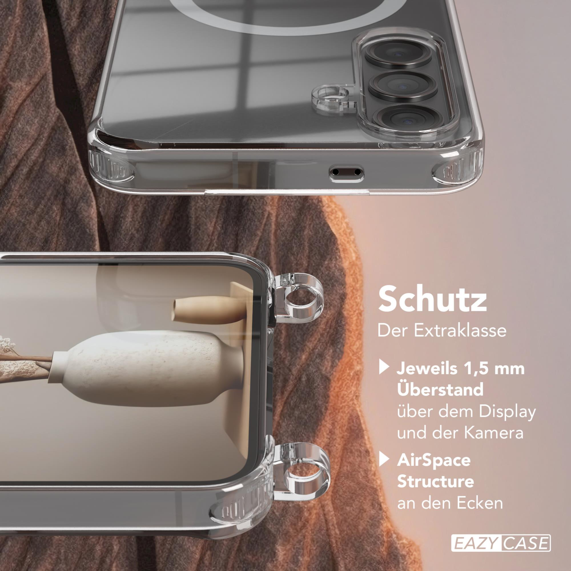 Transparente Handyhülle mit Vase auf Tisch, Text über Schutz.