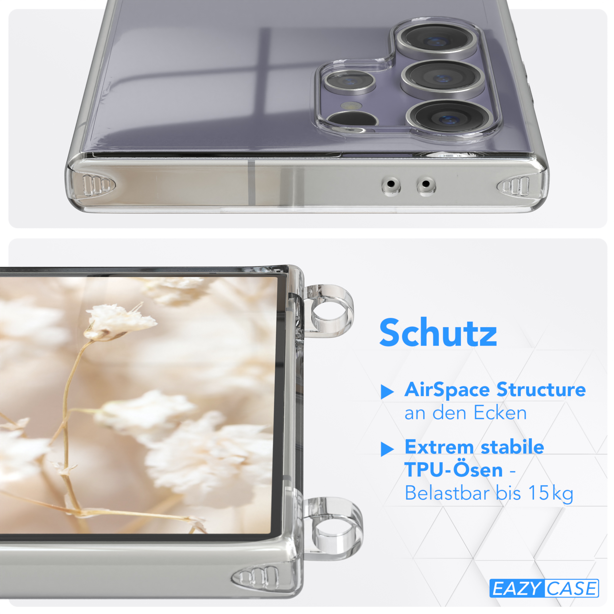 Eine Handyhülle zeigt einen Teil des Telefons. Der Text lautet AirSpace Structure und Extrem stabile TPU.