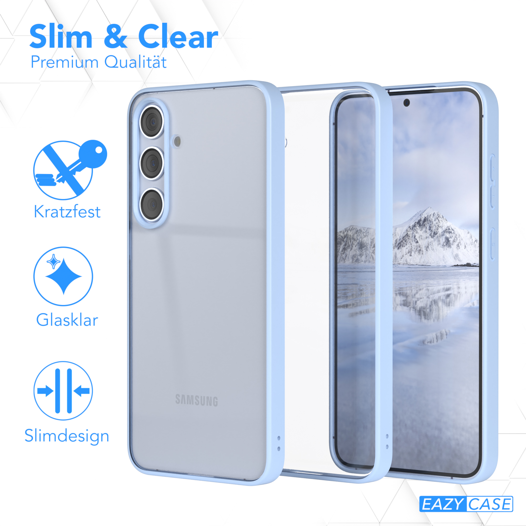 Transparente Handyhülle mit hellblauem Rahmen um das Telefon. Telefon im Inneren.