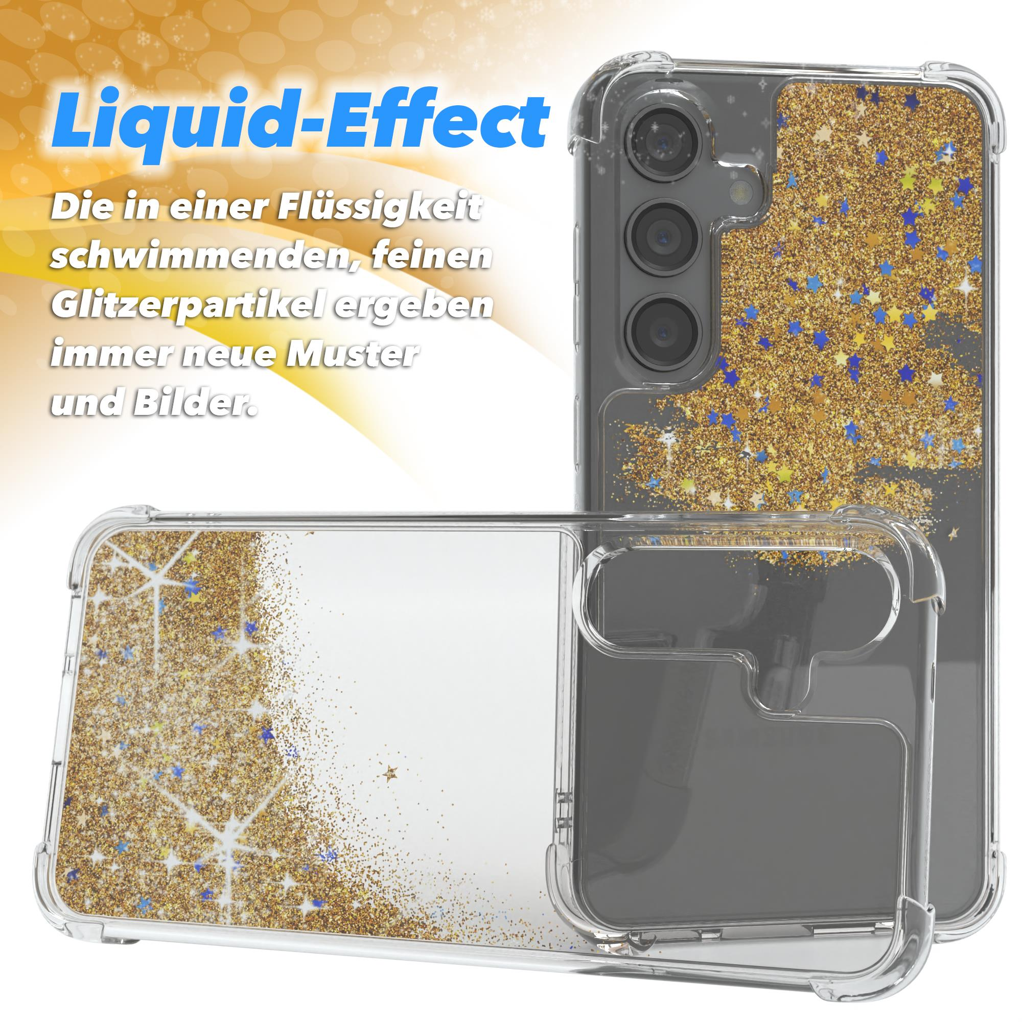 Zwei Handyhüllen mit Glitzer. Eine mit goldenem und blauem Muster, die andere mit Flüssigkeitseffekt.