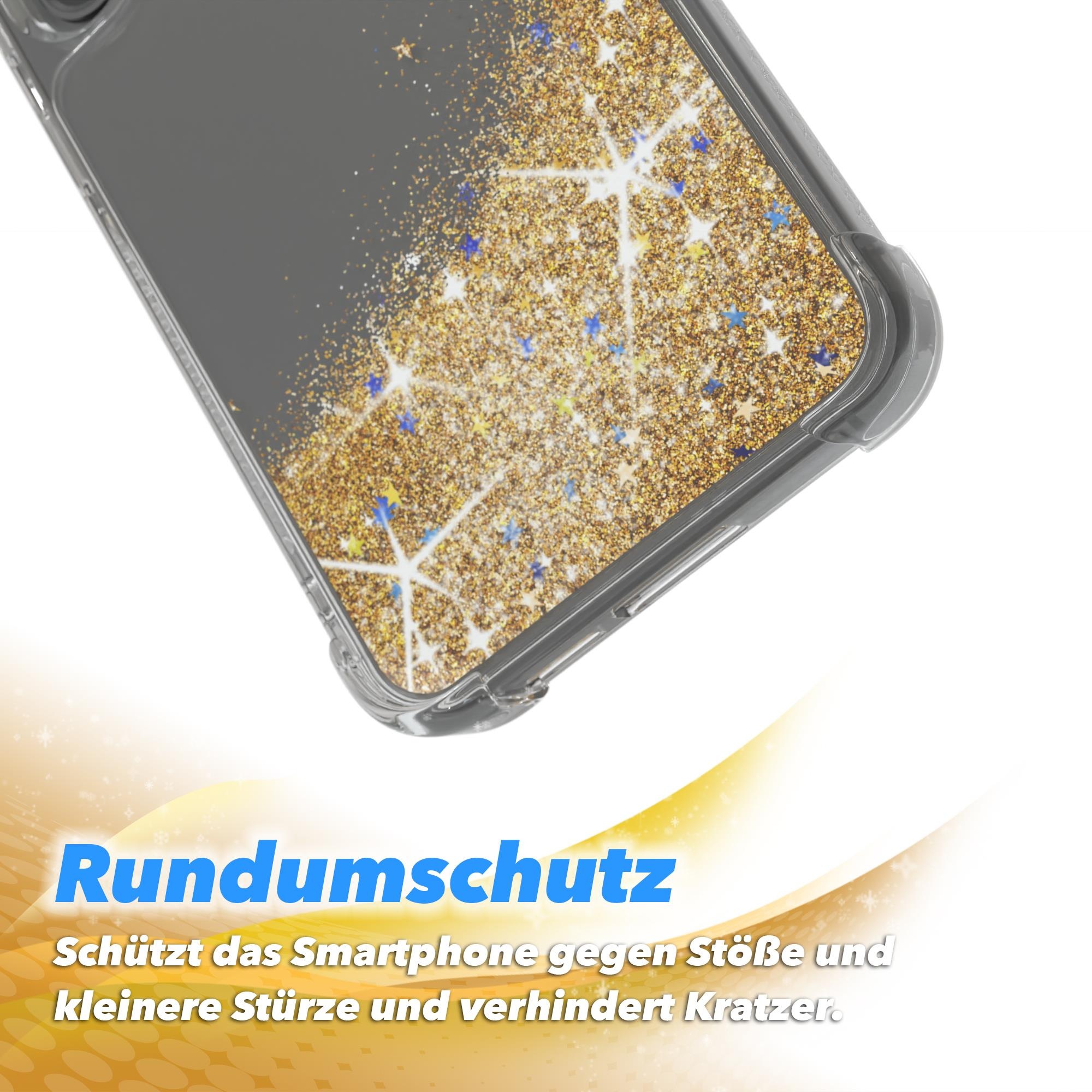 Nahaufnahme einer Handyhülle mit Glitzerdesign. Hülle ist teilweise transparent, Telefon sichtbar.