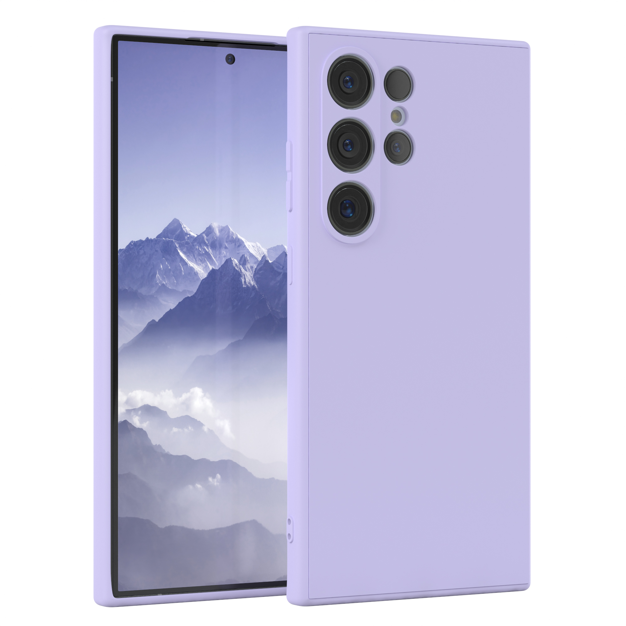 Lila Handyhülle mit Telefon, Vorder- und Rückseite sichtbar. Weißer Hintergrund.