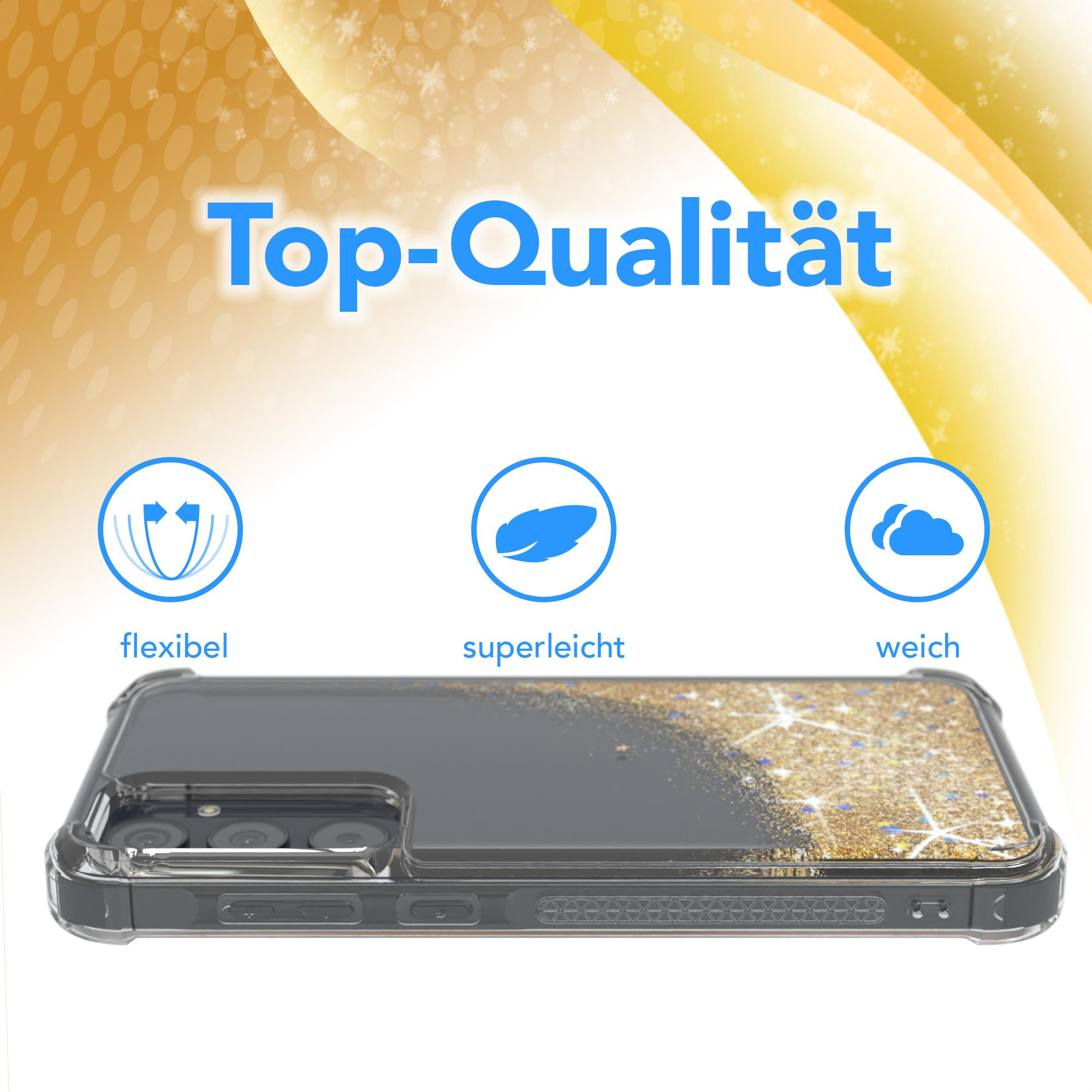 Transparente Handyhülle mit Glitzer und einem schwarzen Telefon. Text: 'Top-Qualität'.