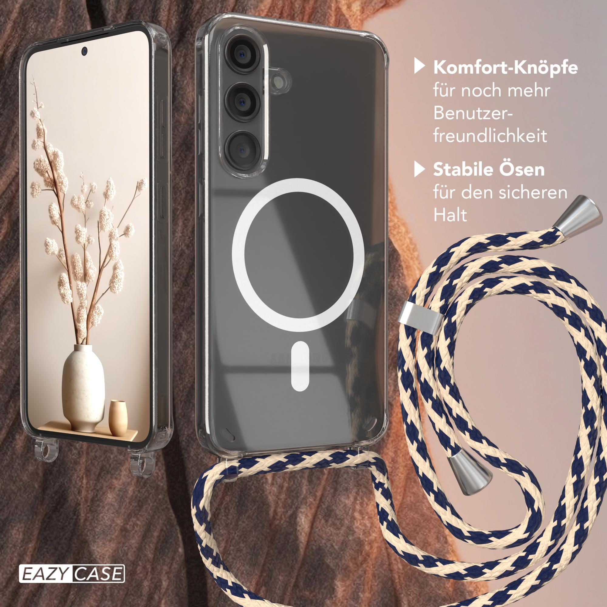 Handyhülle mit Telefon und Riemen. Text: Komfor-Knöpfe, Stabile Ösen. Weiße Vase mit Blumen im Hintergrund.