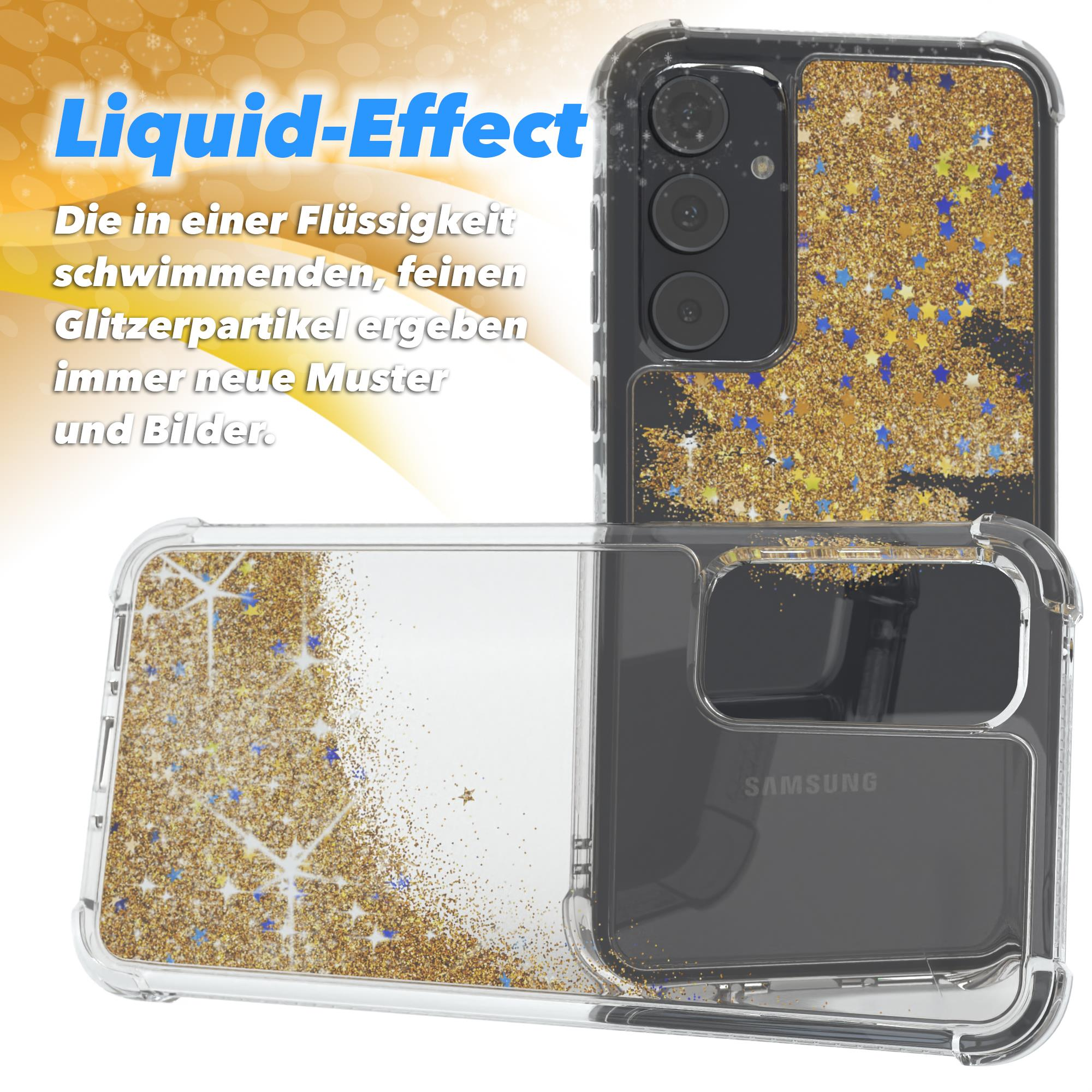 Handyhülle mit goldenem Glitzer und Sternen, mit Flüssigkeitseffekt.