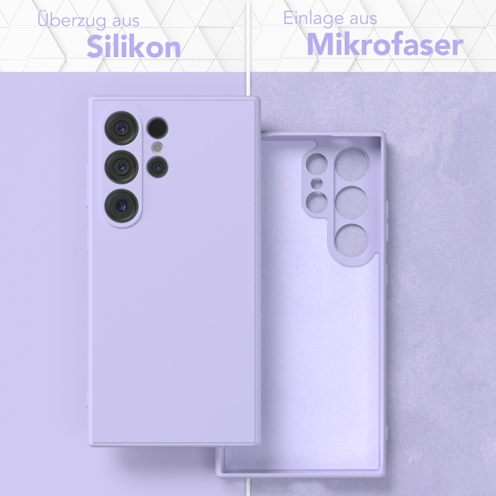 Zwei Handyhüllen, eine mit Handy, helllila Hülle mit lila Hintergrund.