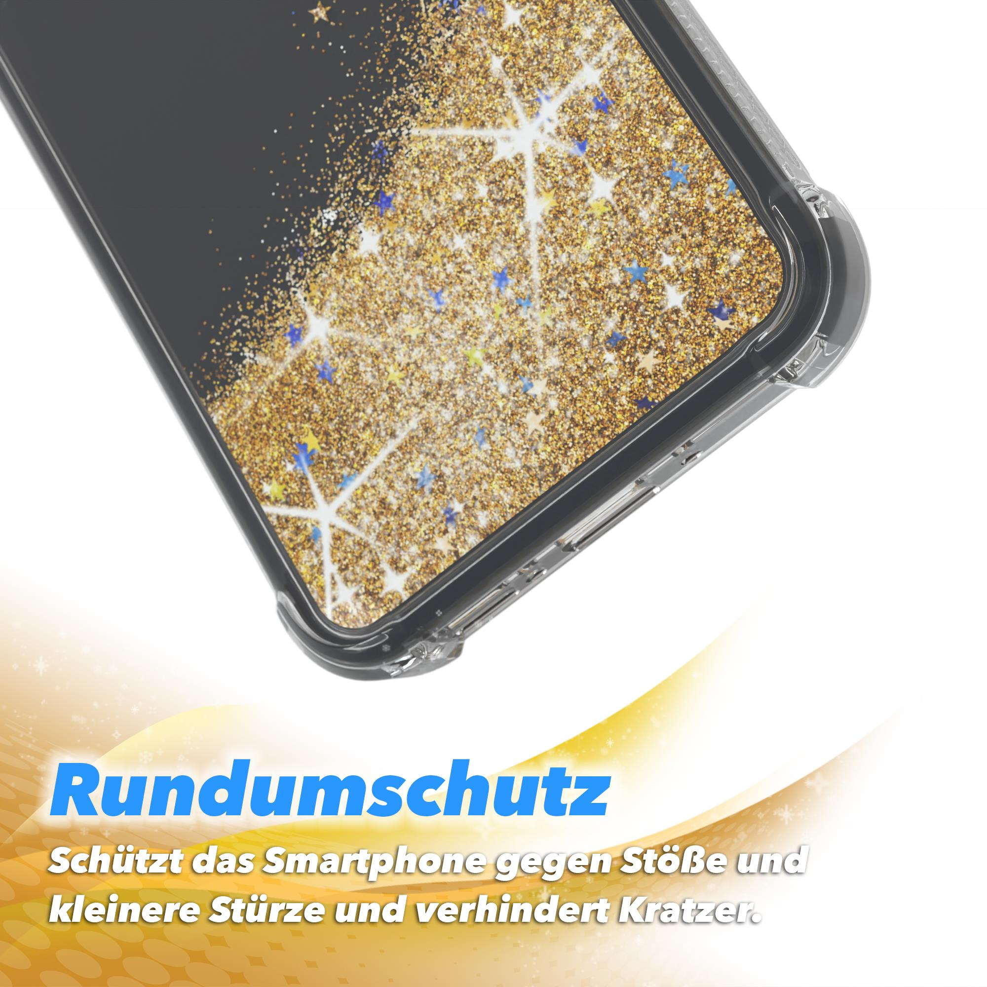Handyhülle mit Glitzer. Text: Rundumschutz. Schützt vor Stößen und Kratzern.