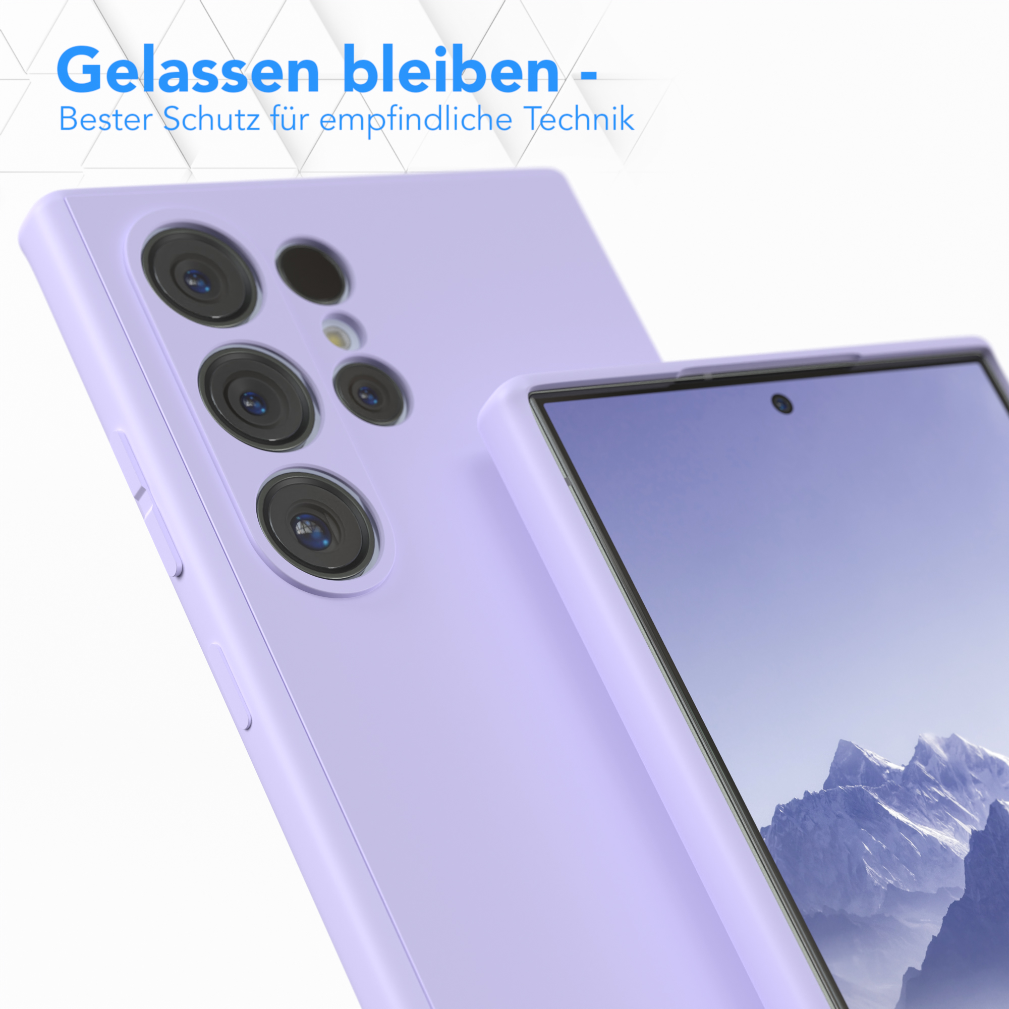Lilafarbene Handyhülle, Telefon innen. Text: 'Entspannt bleiben - bester Schutz'.