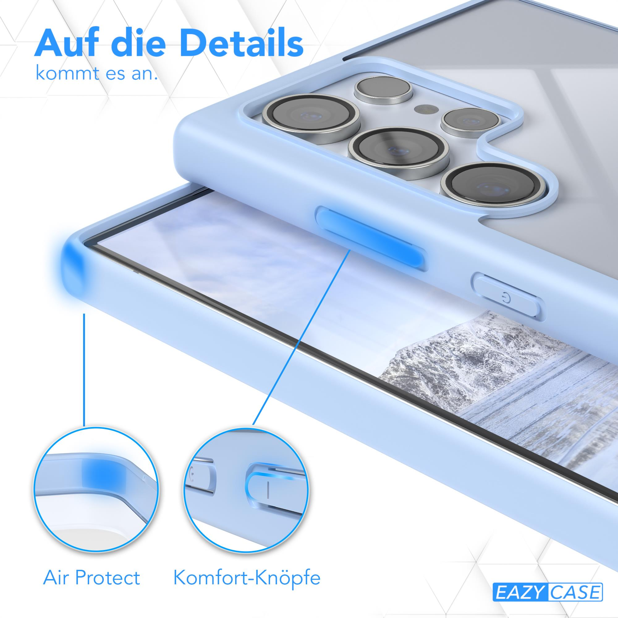 Hellblaue Handyhülle mit Handy. Aussparungen für Kameras und Knöpfe. Hellblaues Design.