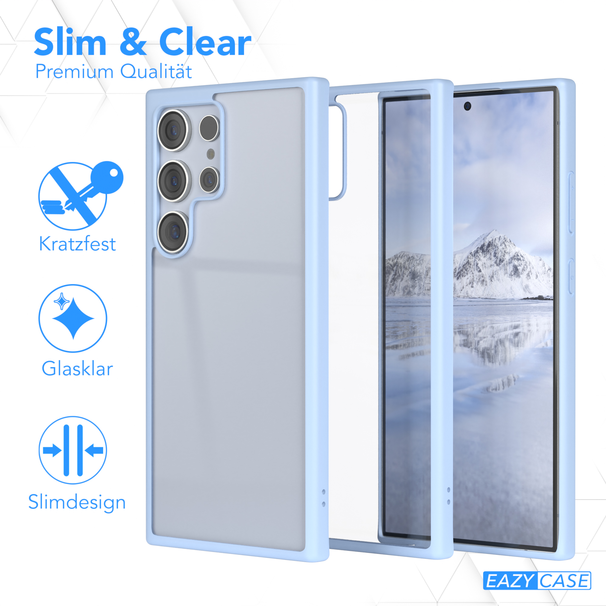 Transparente Handyhülle mit blauem Rahmen. Das Design hat Kratzfestigkeit und ein schlankes Design.