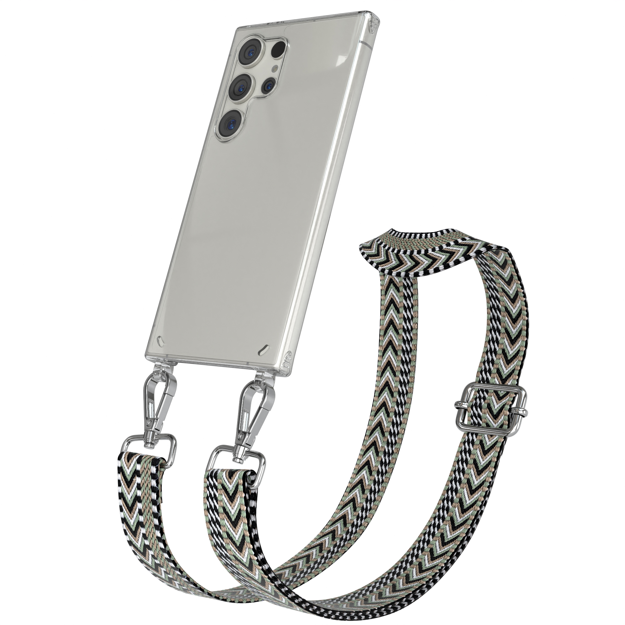 Transparente Handyhülle mit gemustertem Riemen. Telefon links.