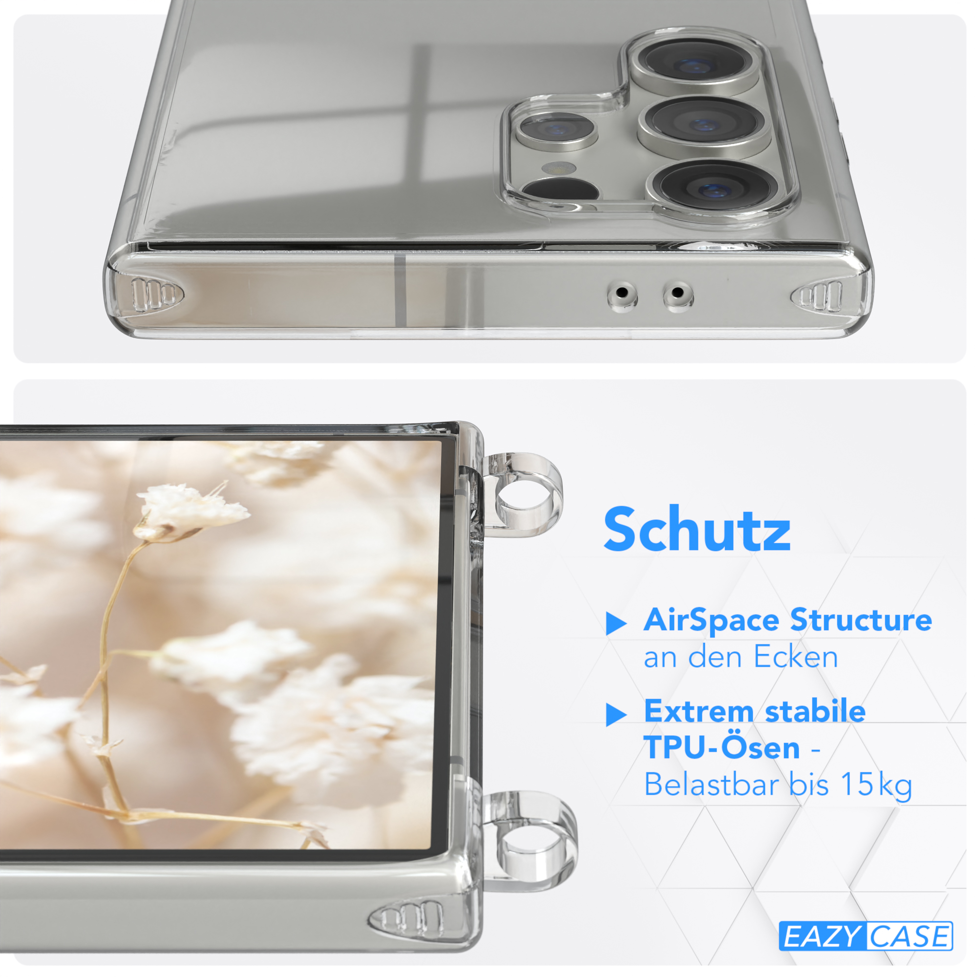 Nahaufnahme einer Handyhülle. Text: AirSpace-Struktur an den Ecken, TPU-Ösen, belastbar bis 15 kg.