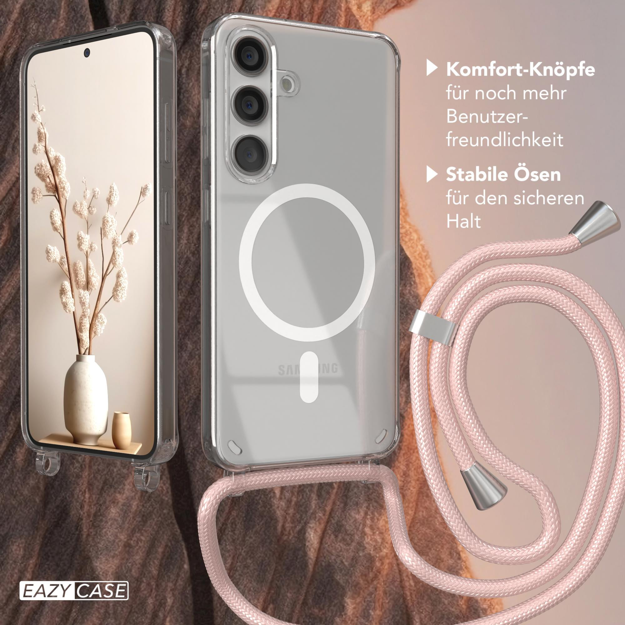 Handyhülle mit Tragegurt und Telefon. Die Hülle hat einen Kreis auf der Rückseite. Text: Komfort-Tasten.