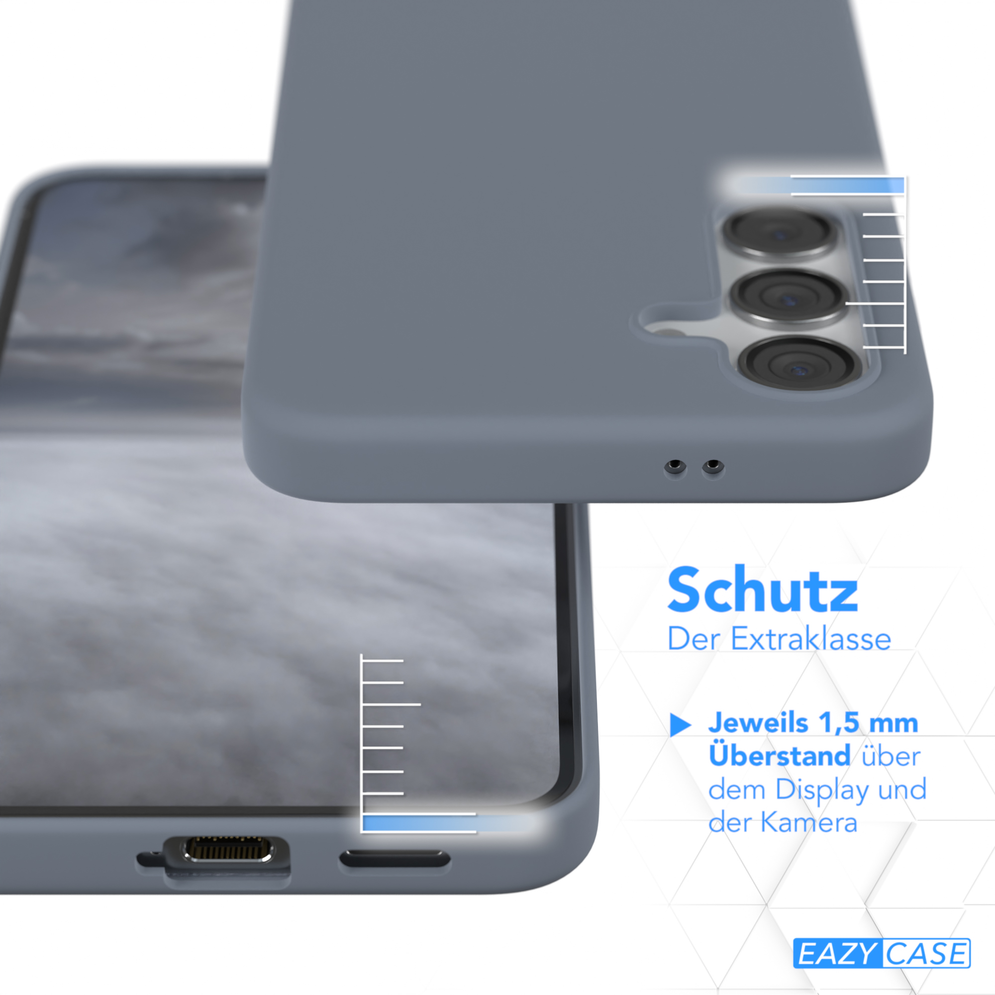 Eine Handyhülle wird mit einem Telefon darin gezeigt. Die Hülle ist blau, das Display sichtbar.