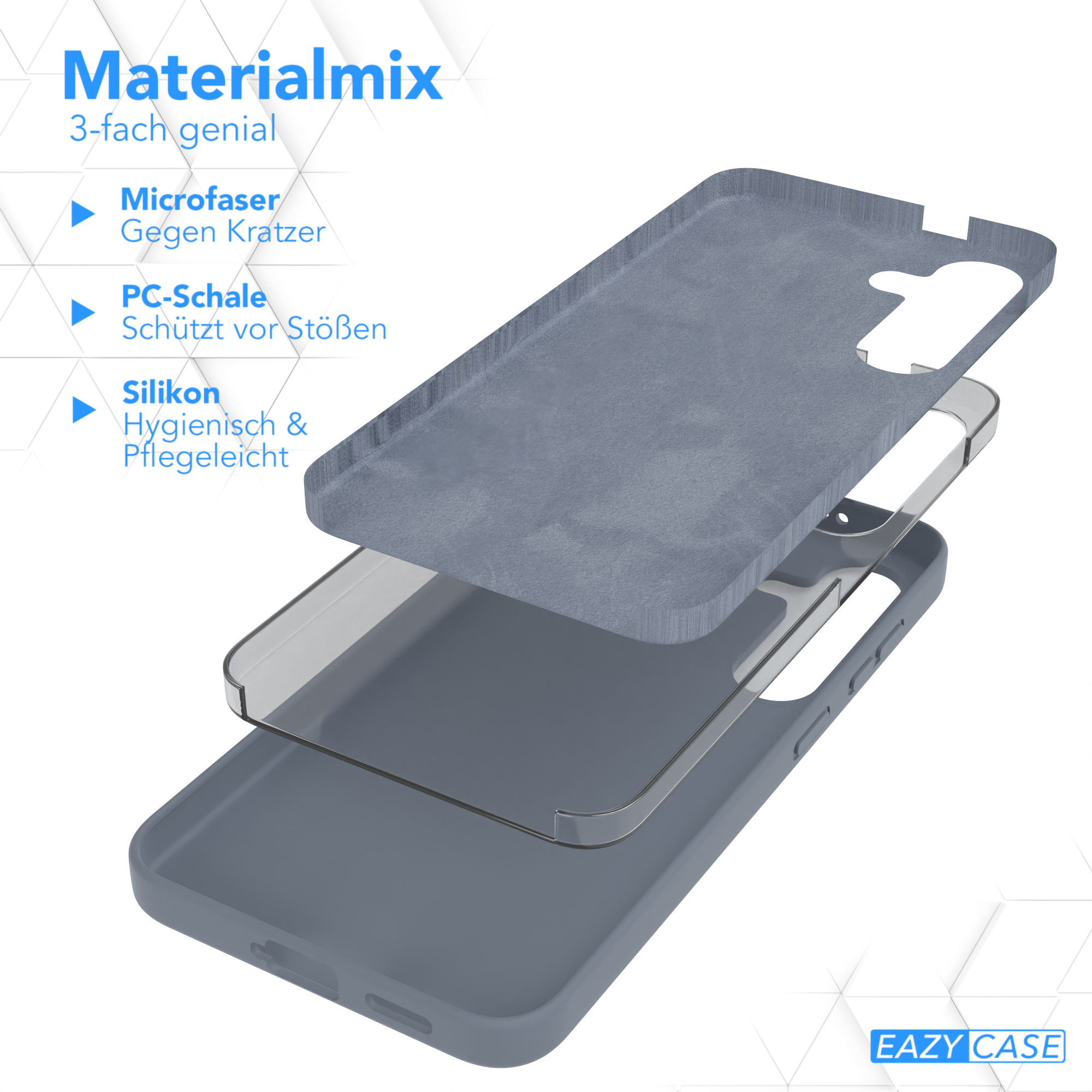 Handyhüllen-Schichten: Mikrofaser, PC-Schale und Silikon. Text: Materialmix.