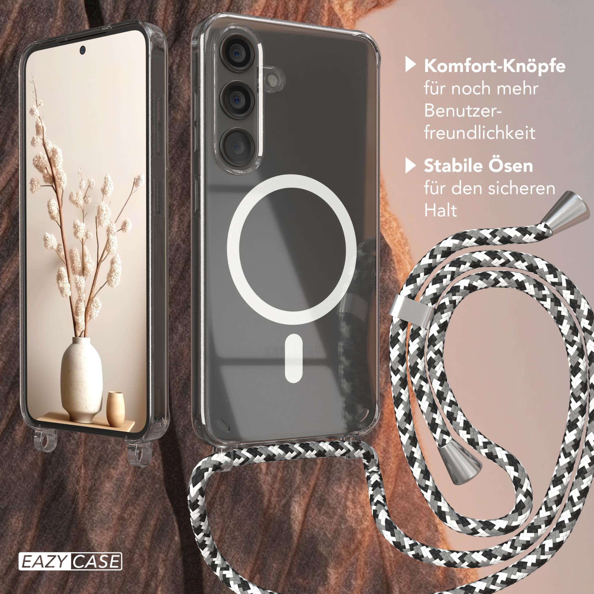 Eine transparente Handyhülle und ein Telefon mit Lanyard. Eine Vase mit Blumen.