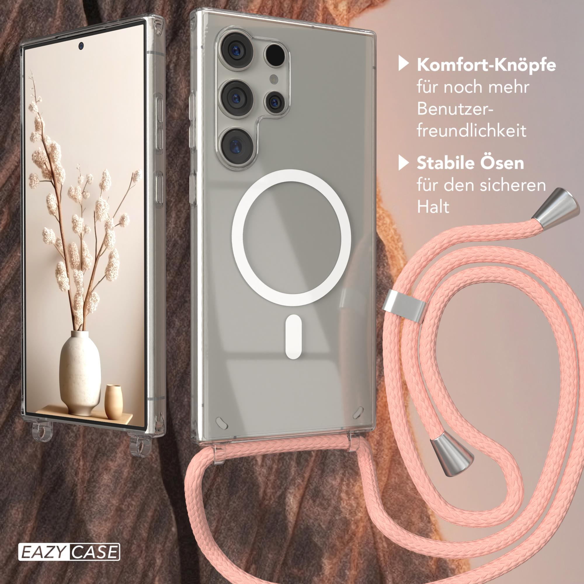 Eine Handyhülle mit Lanyard und Telefon im Inneren. Text hebt Komfortknöpfe und stabile Ösen hervor.