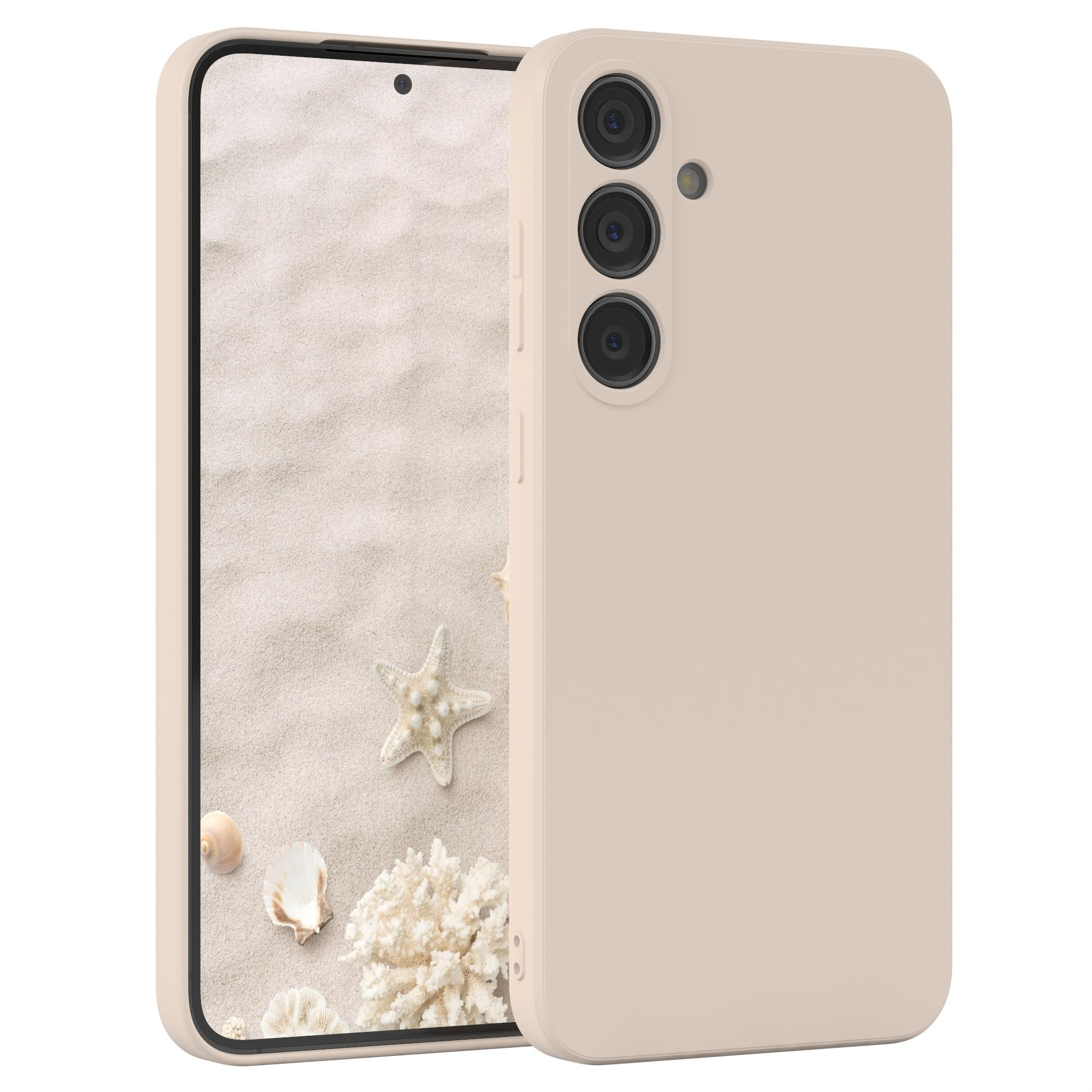 Beige Handyhülle und Telefon. Das Telefon zeigt eine Strandszene mit Muscheln.