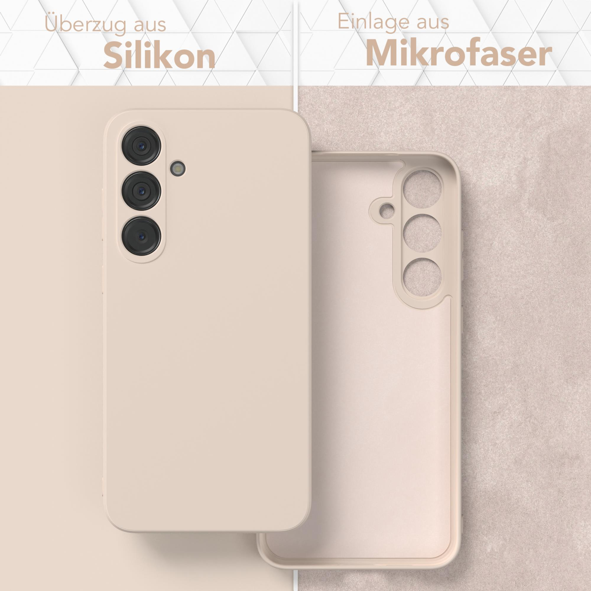 Telefonhülle, zeigt Silikonaußenseite und Mikrofaserinnenseite, beige.