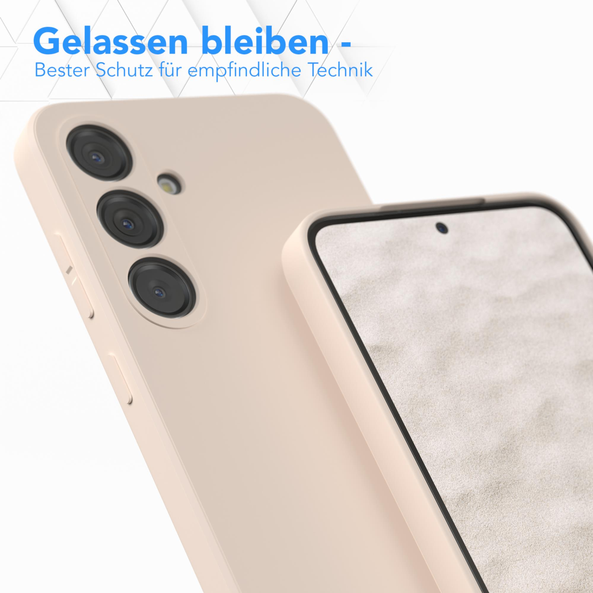 Zwei Handyhüllen, beige und schwarz. Ein Telefon hat drei Kameras. Text: Bester Schutz.