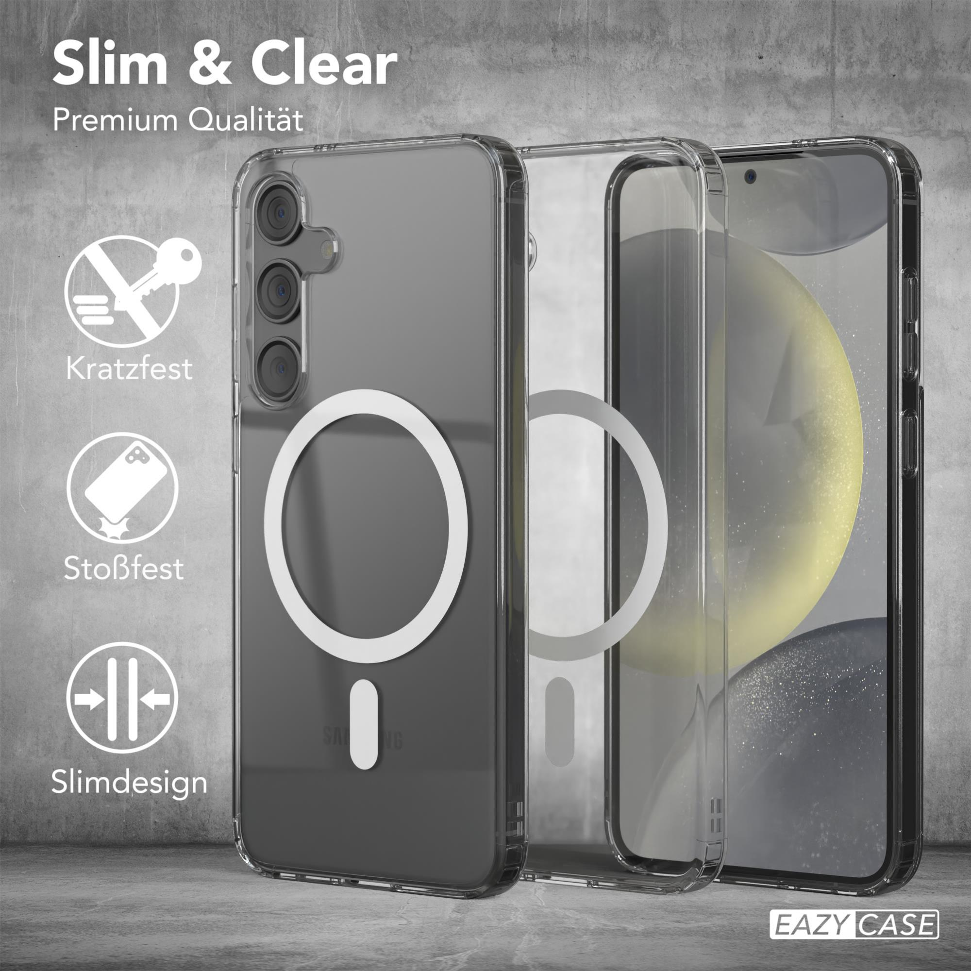 Drei Handyhüllen, die das Telefon im Inneren zeigen. Der Text lautet: Schlank & Klar, Premium-Qualität.