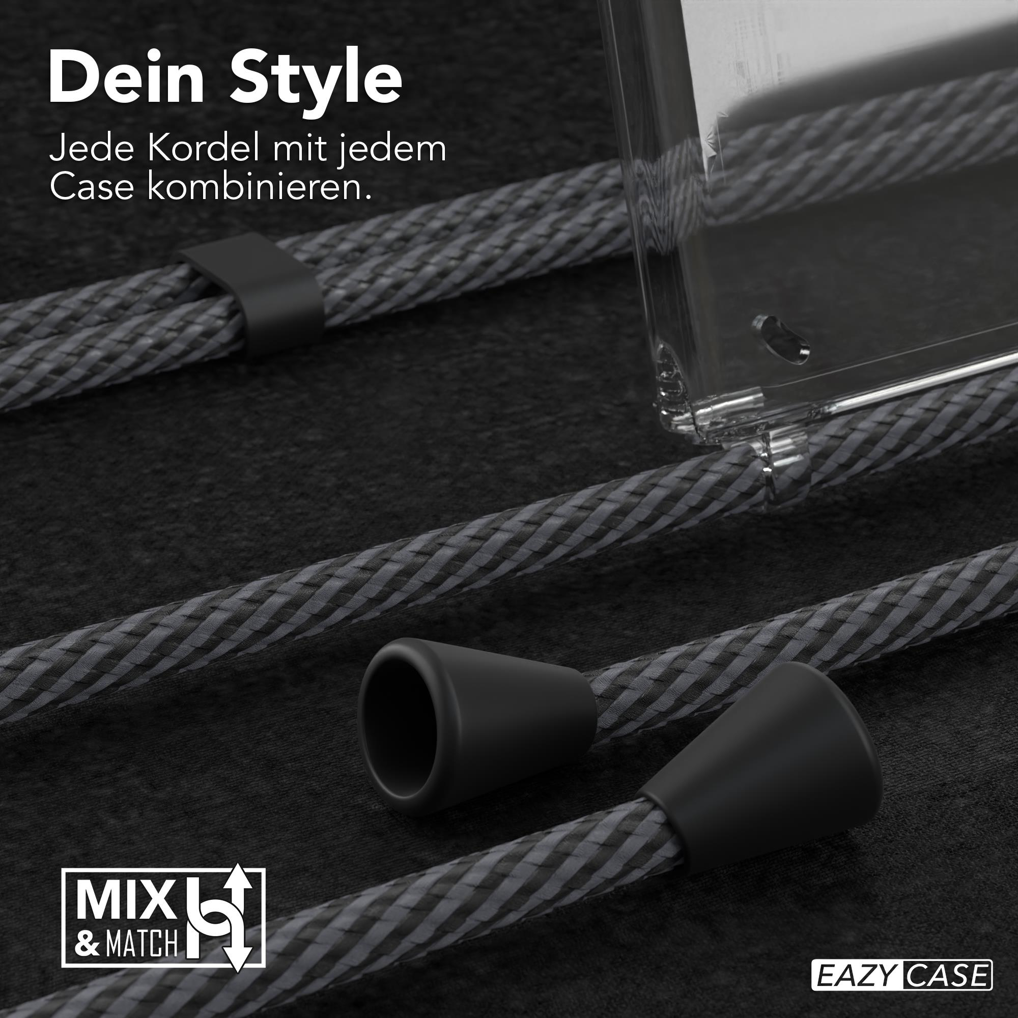 Nahaufnahme eines schwarz-grauen Telefonkabels. Text: MXL & Match. EAZY CASE. Schwarze Stecker.