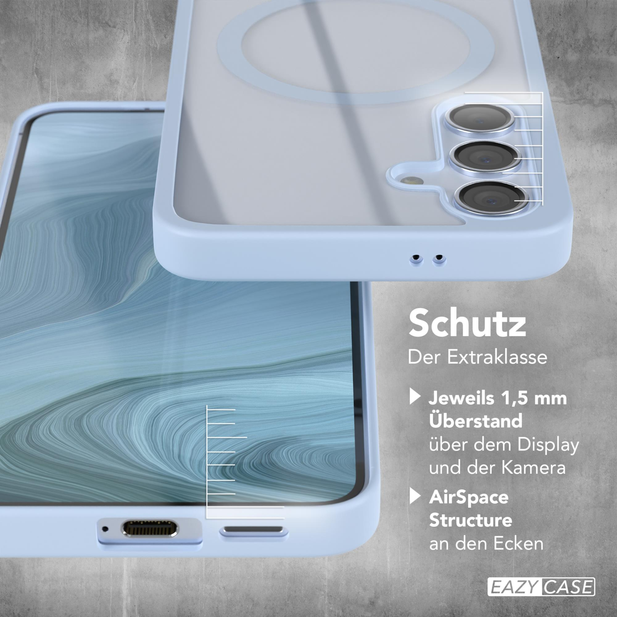 Nahaufnahme einer hellblauen Handyhülle, die ihre Eigenschaften hervorhebt. Text erwähnt 1,5 mm Abstand.