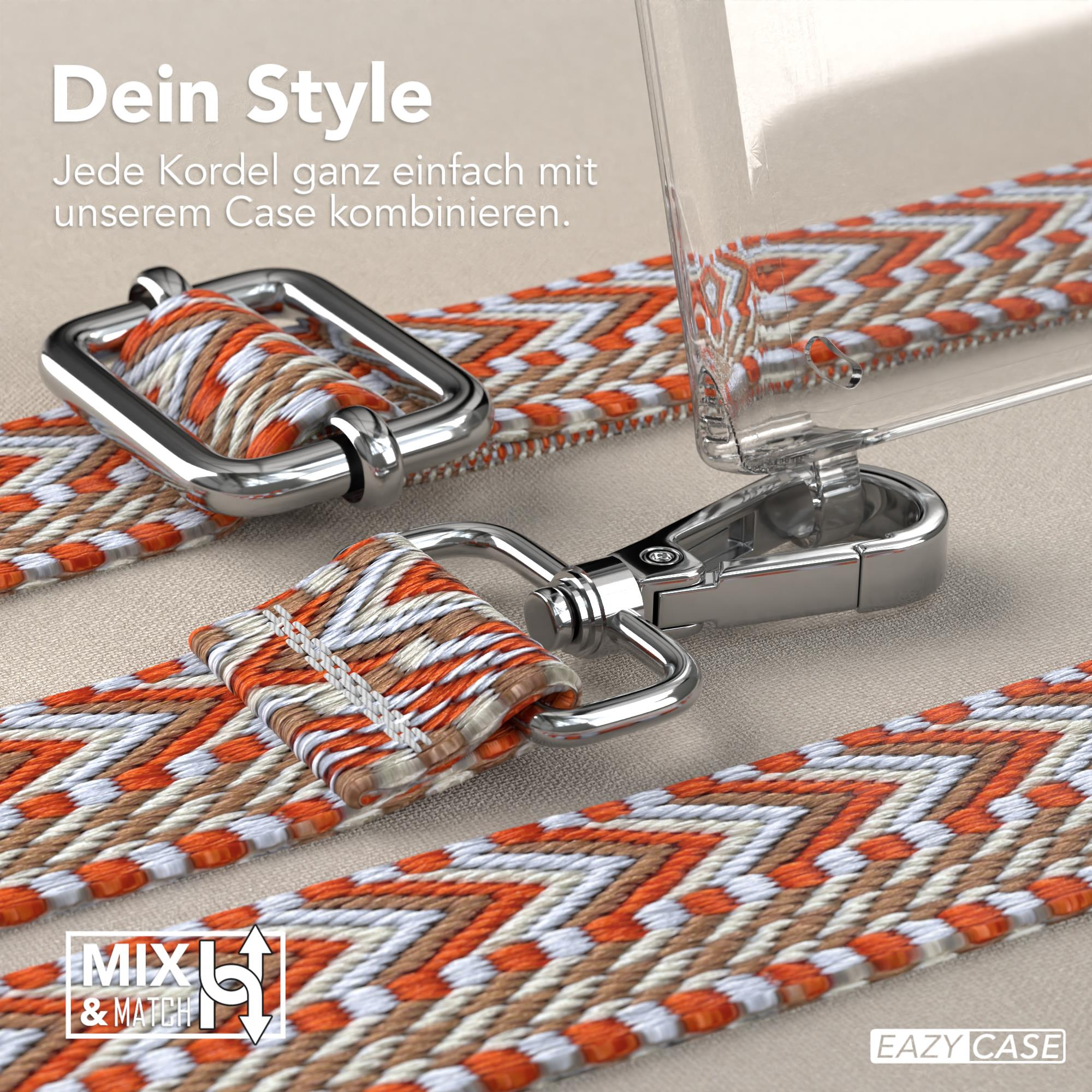 Nahaufnahme einer Handyhülle mit Riemen und Metallverschlüssen, mit einem Mix & Match-Logo.