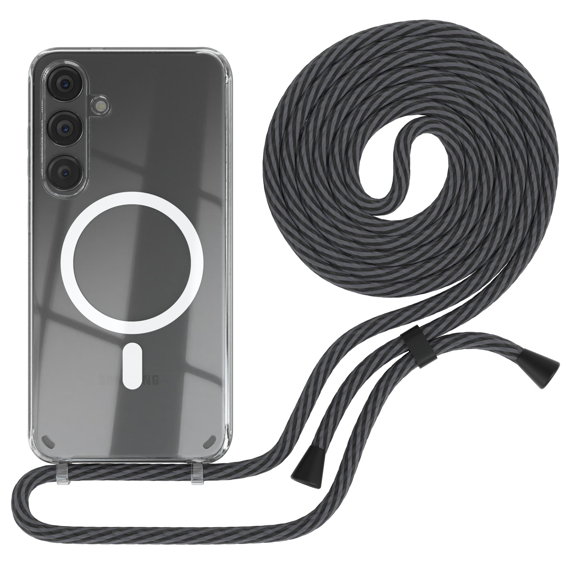Ein Telefon mit einer transparenten Hülle, einem grau-schwarzen gewebten Telefonband und schwarzen Clips.