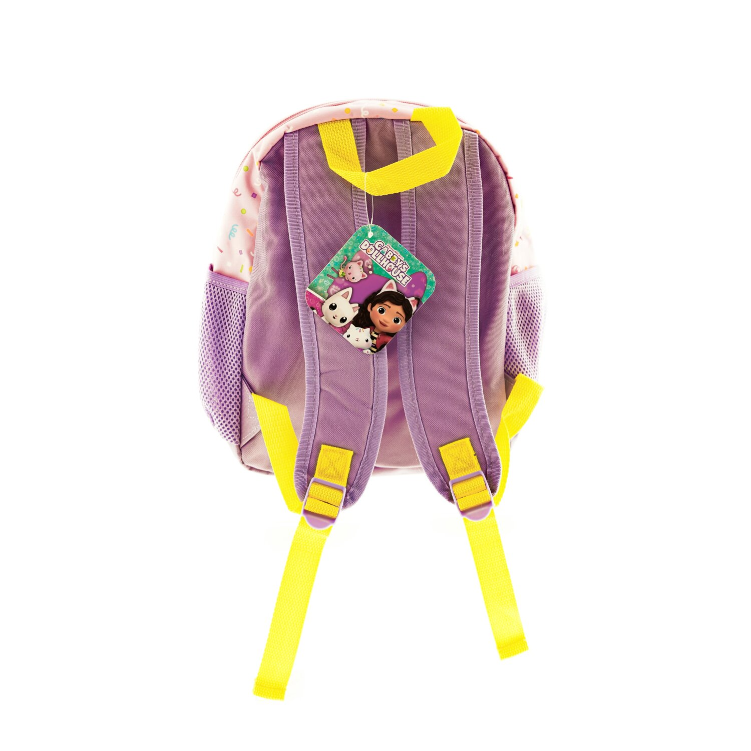 Rucksack. Hellviolett, rosa und gelb. Zeichentrickfiguren und ein Etikett mit Logo.