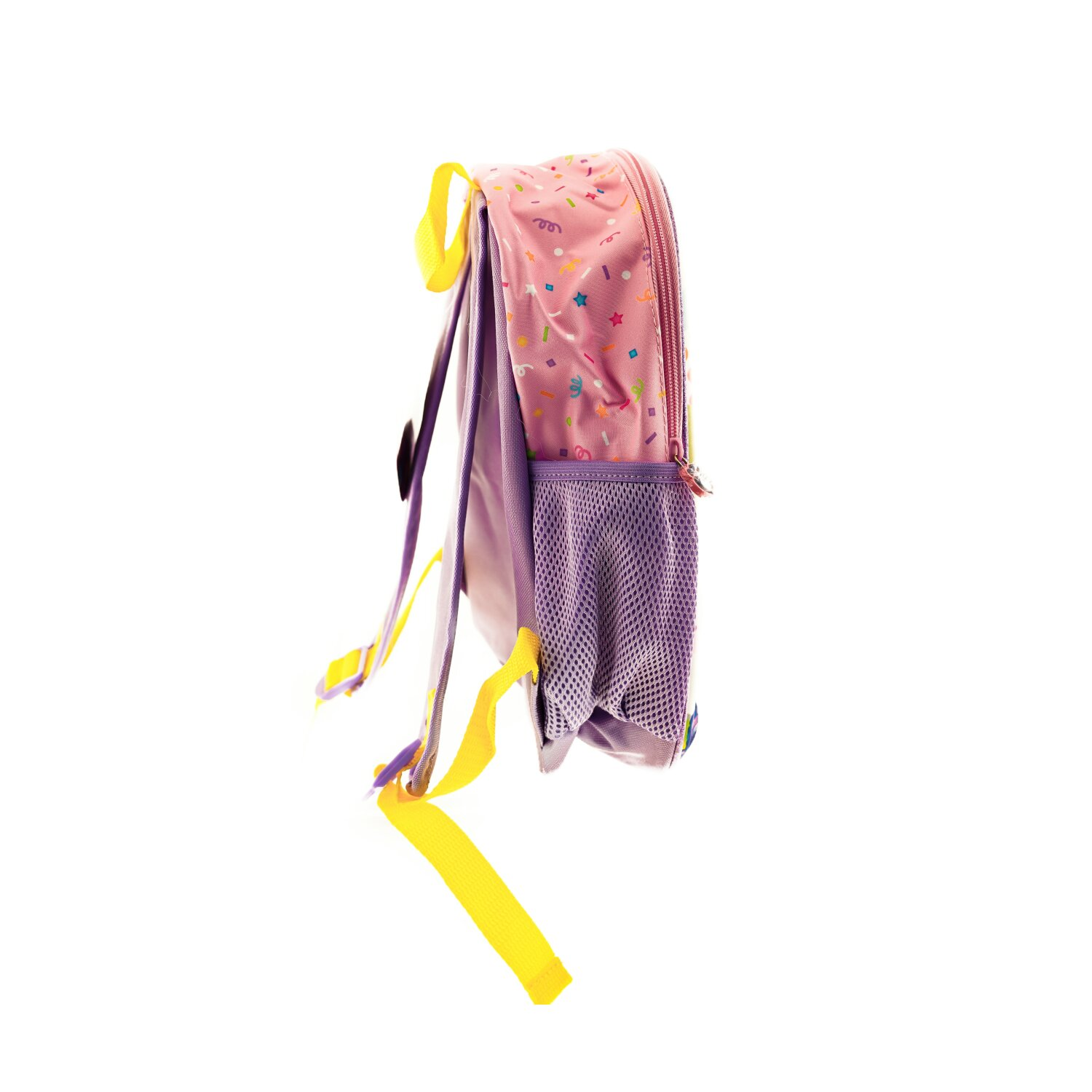 Rosa Rucksack mit gelben Trägern und einer Seitentasche aus Mesh.