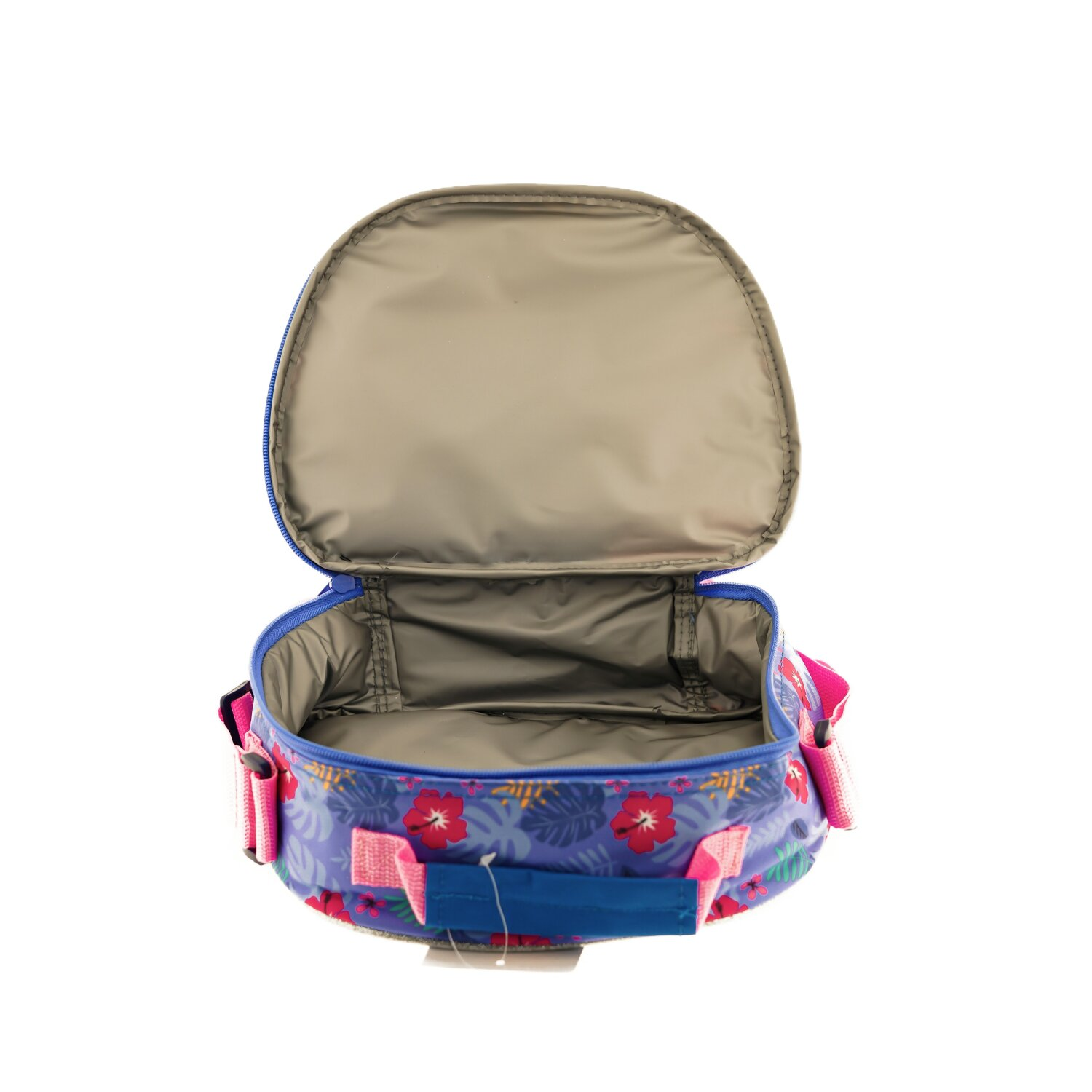Geöffnete Lunchbox mit floralem Muster, blauem Reißverschluss und rosa Griff.