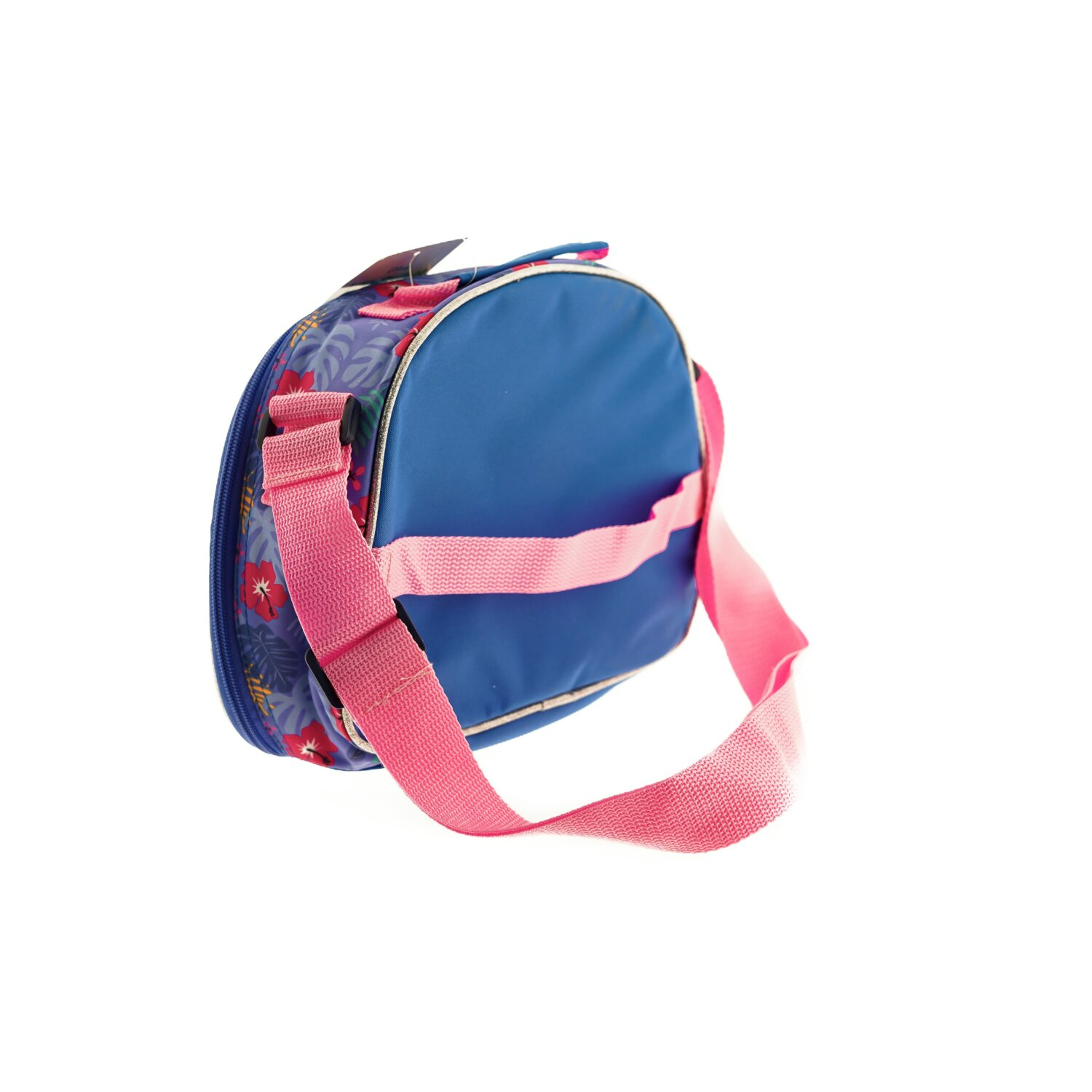 Blaue und florale Lunchtasche mit pinkfarbenem Riemen, auf weißem Hintergrund, Seitenansicht.