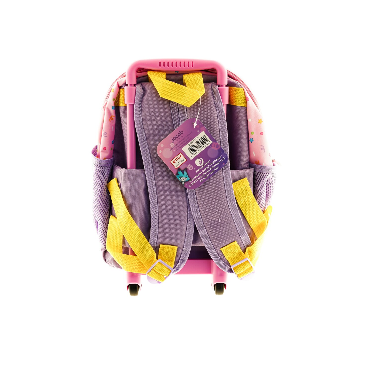 Ein rosa Rollrucksack mit gelben Trägern und einem lila Rückenteil.