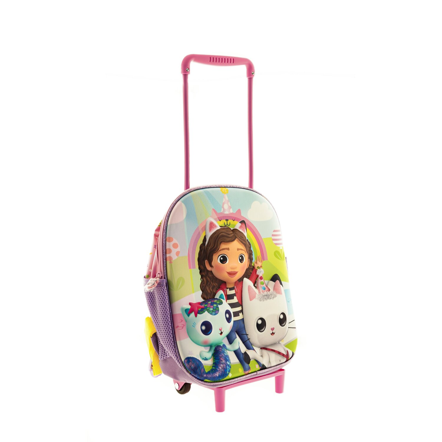 Ein rollender Rucksack mit Zeichentrickfiguren. Die Tasche hat einen Griff und Räder. Das Bild ist auf weißem Hintergrund.