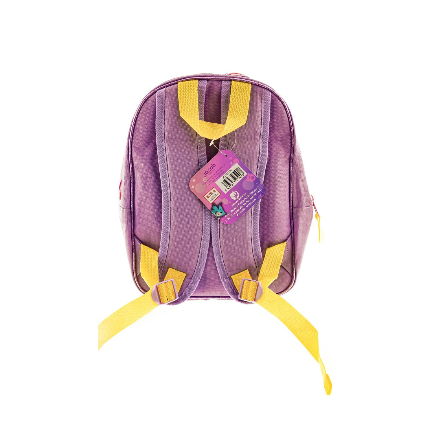 Lilafarbener Rucksack mit gelben Trägern und einem Anhänger.