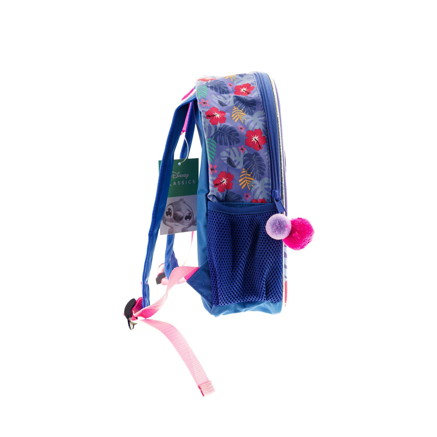 Blauer Rucksack mit Stitch-Design, rosa Trägern und lila Pompons.