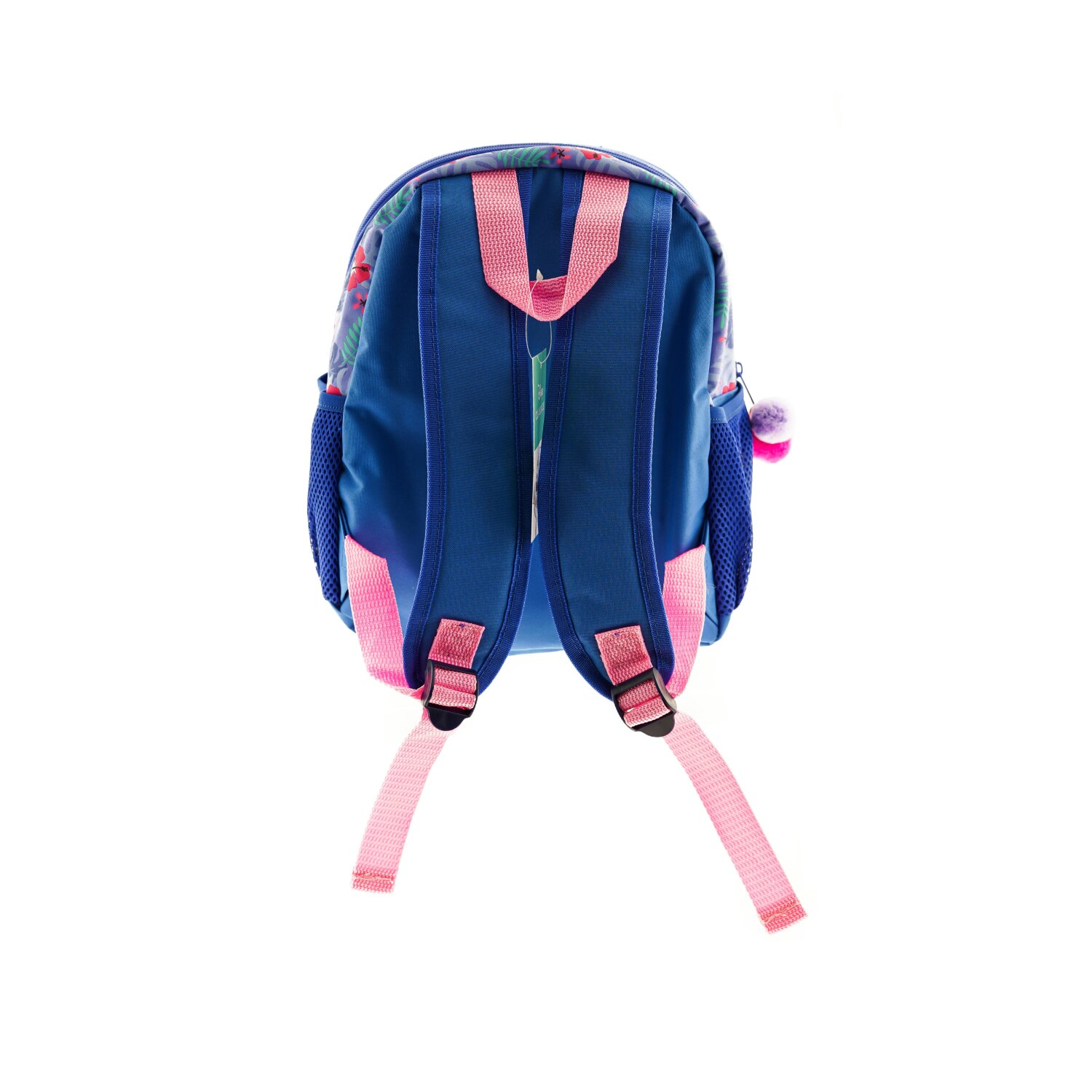 Blauer Rucksack mit rosa Trägern und Details. Der Rucksack steht vor weißem Hintergrund.