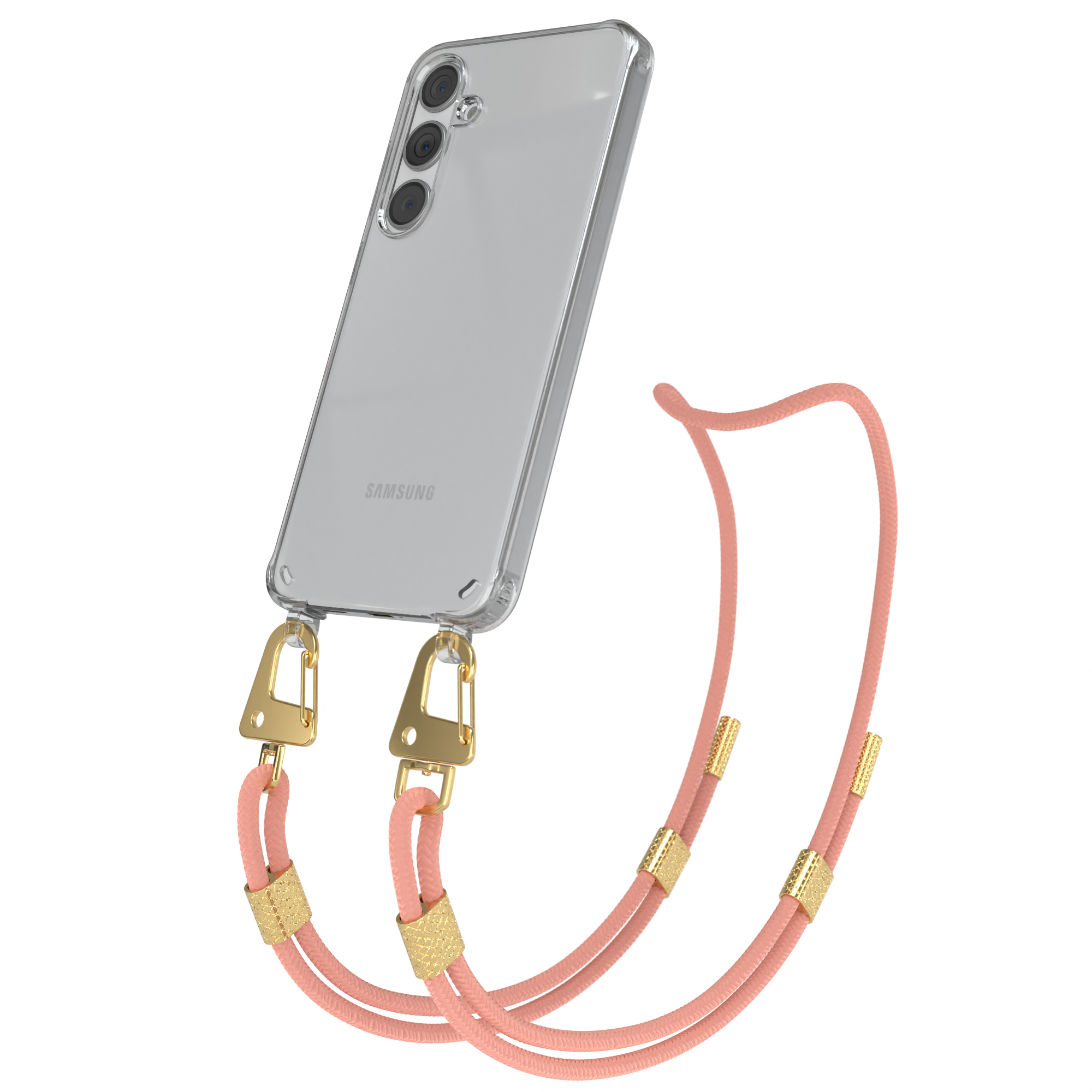 Transparente Handyhülle mit rosa Band und goldenen Verschlüssen, Telefon gekippt.