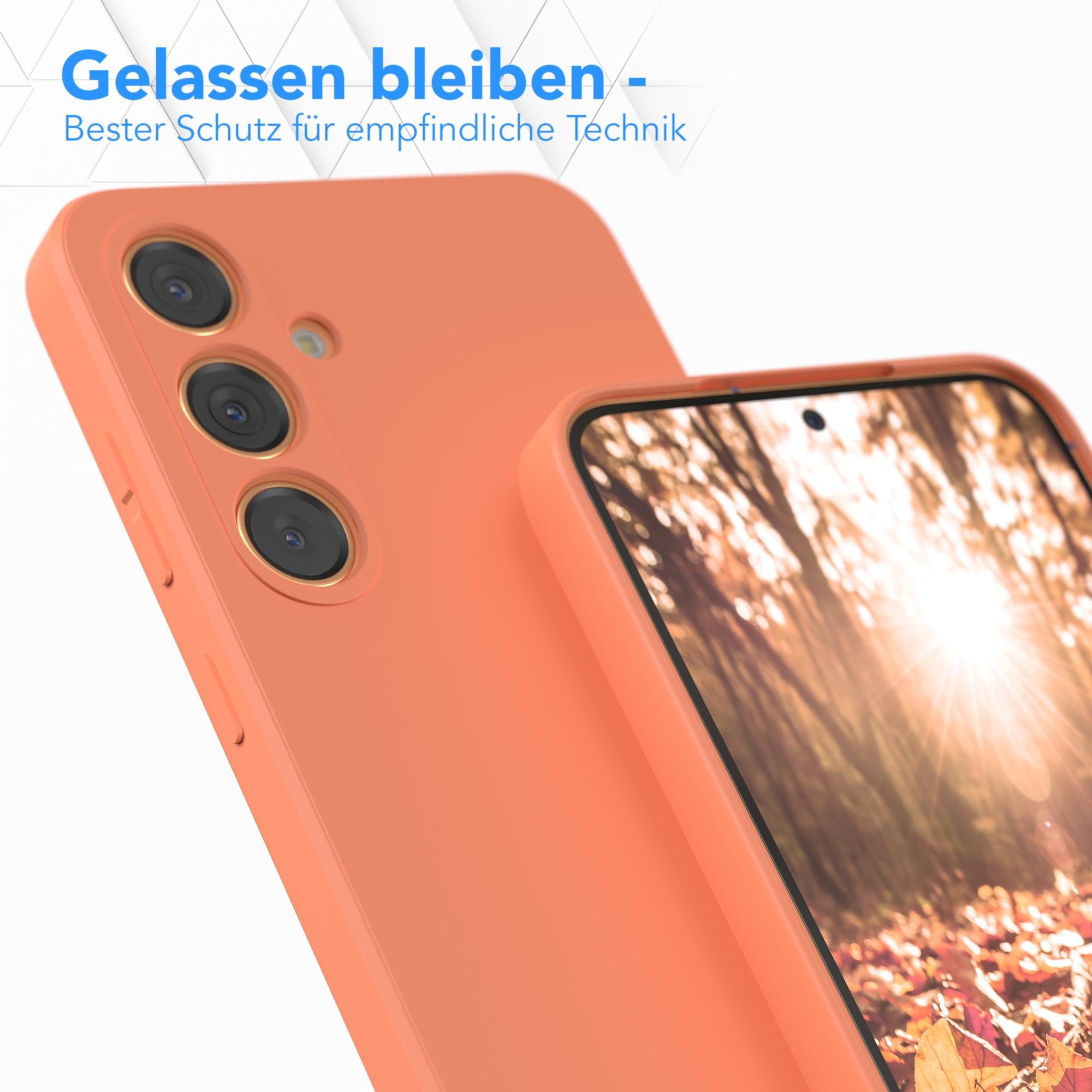 Eine Handyhülle in Orange, neben einer weiteren orangen Handyhülle, mit Text oben.