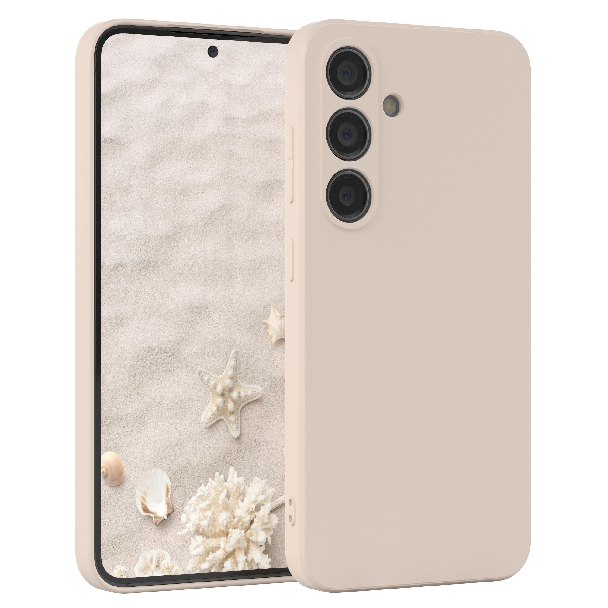 Telefon mit Hülle, beige, mit Strandhintergrund.