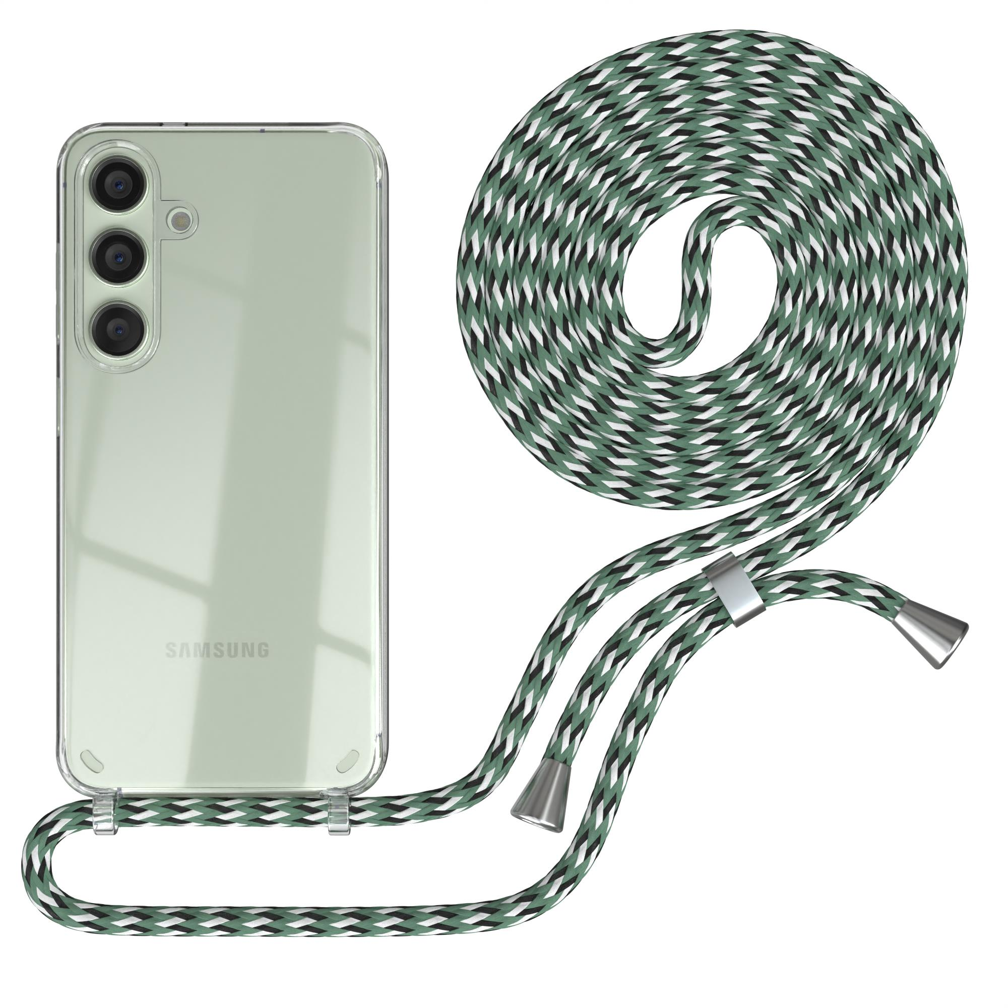 Ein grünes Telefon in einer transparenten Hülle mit grün-schwarzem Band. Das Band ist geflochten.