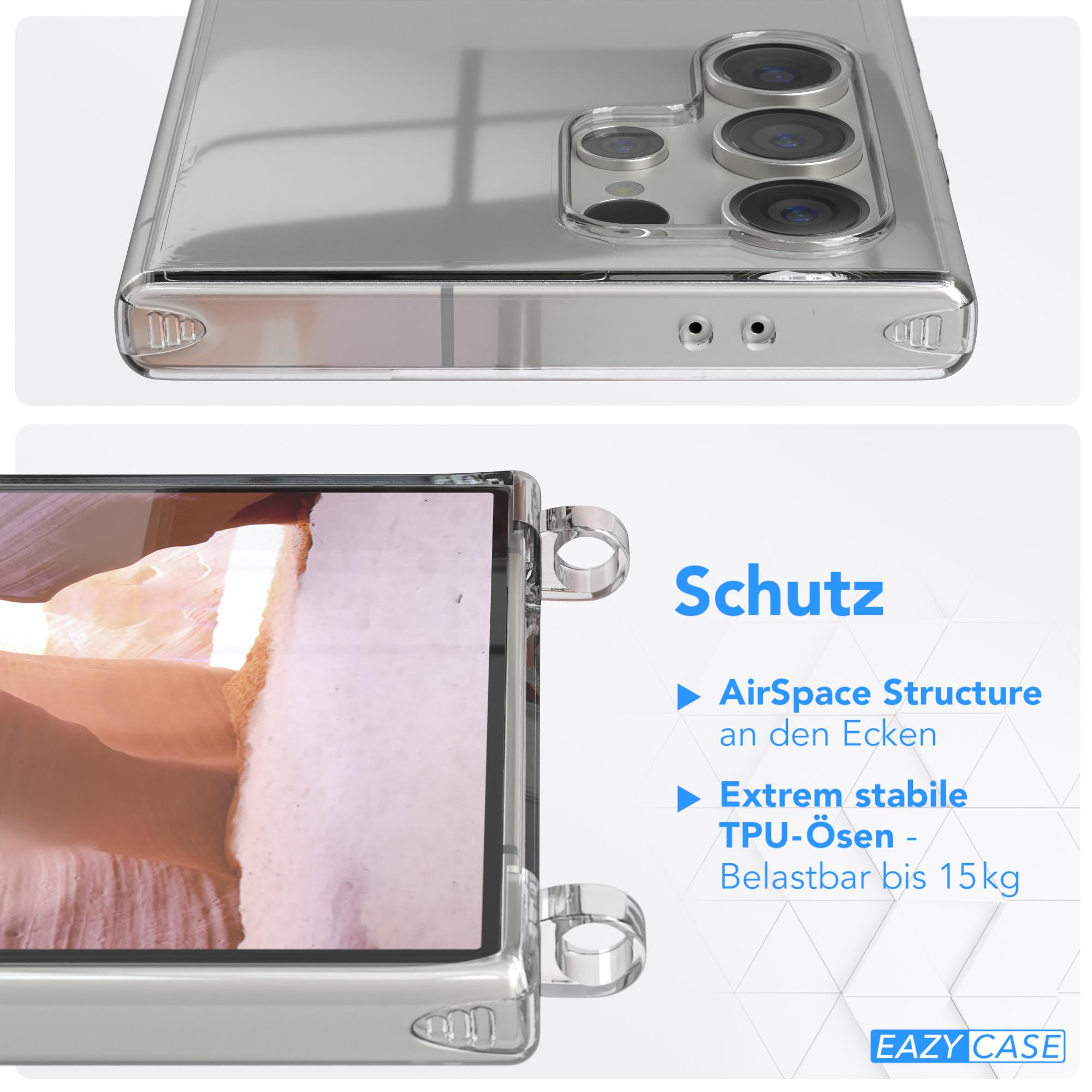 Transparente Handyhülle auf einem Telefon. Text 'Schutz', 'AirSpace Structure' und 'TPU-Ösen'.