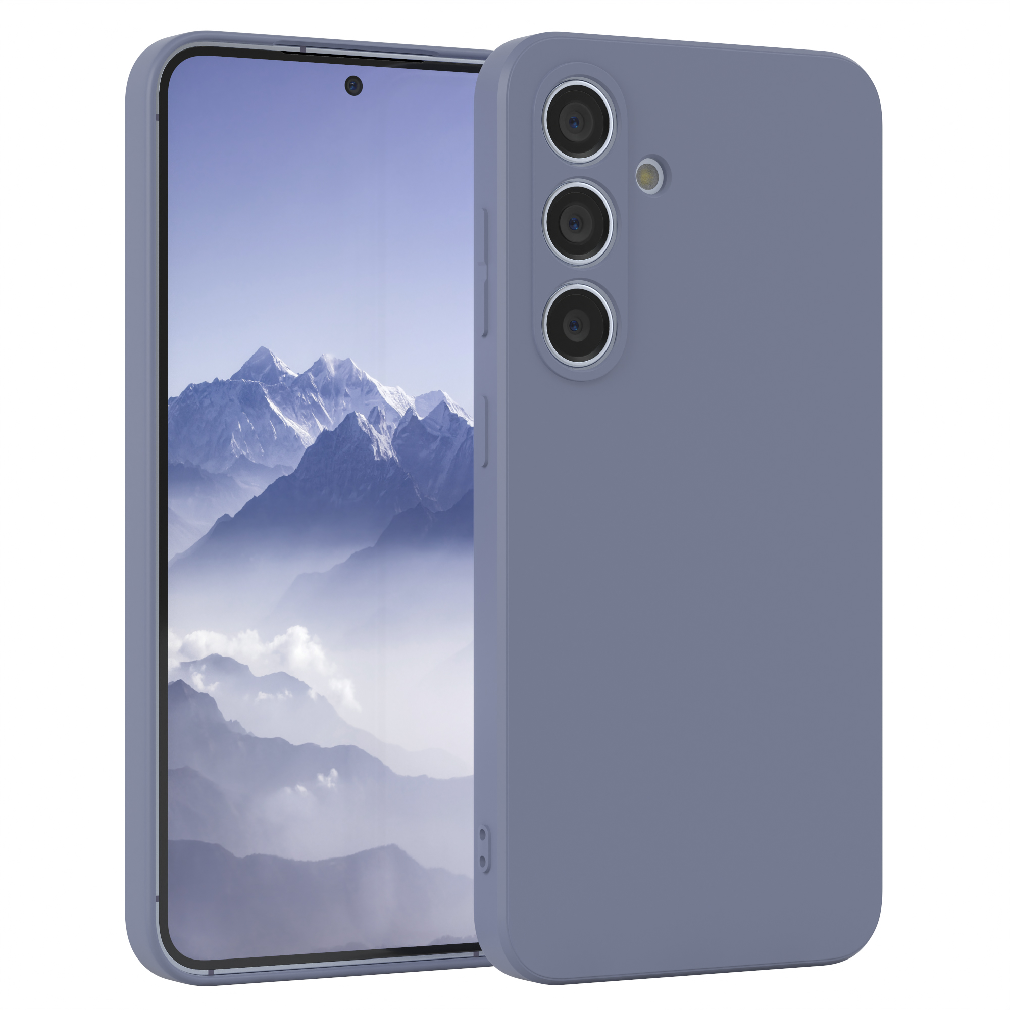 Ein Telefon in einer blauen Hülle, Berge im Hintergrund.