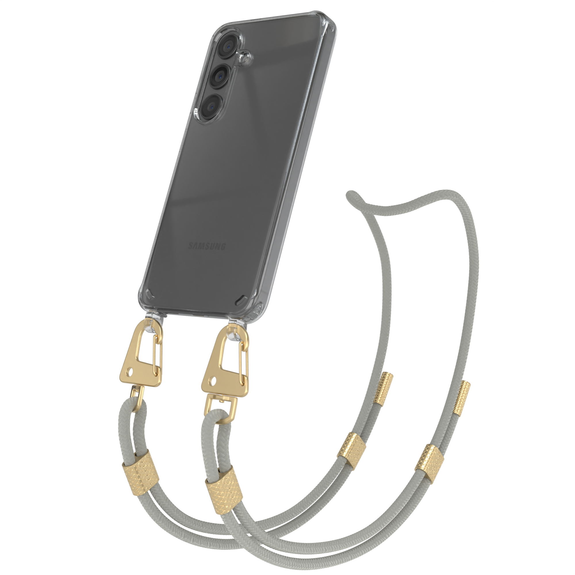 Transparente Handyhülle mit grauem Band. Telefon links.